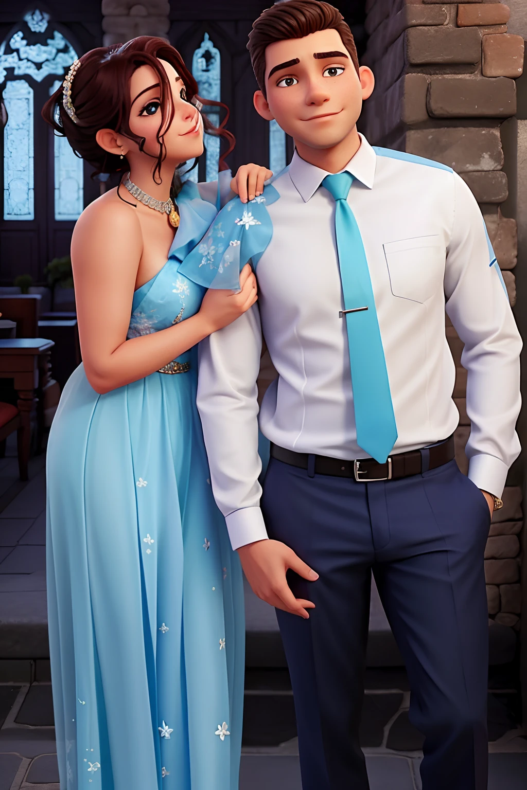there is a man and a woman dressed in formal attire, capa de romance, Capa de livro de romance, Lovely couple, vestido de azul, estilo de capa de livro de romance, foto de retrato, capa do livro urban fantasy romance, epic romance, foto do casamento, noivos, usando roupas formais de fantasia, usando um vestido azul, em vestido azul, blue themed, usando vestido azul