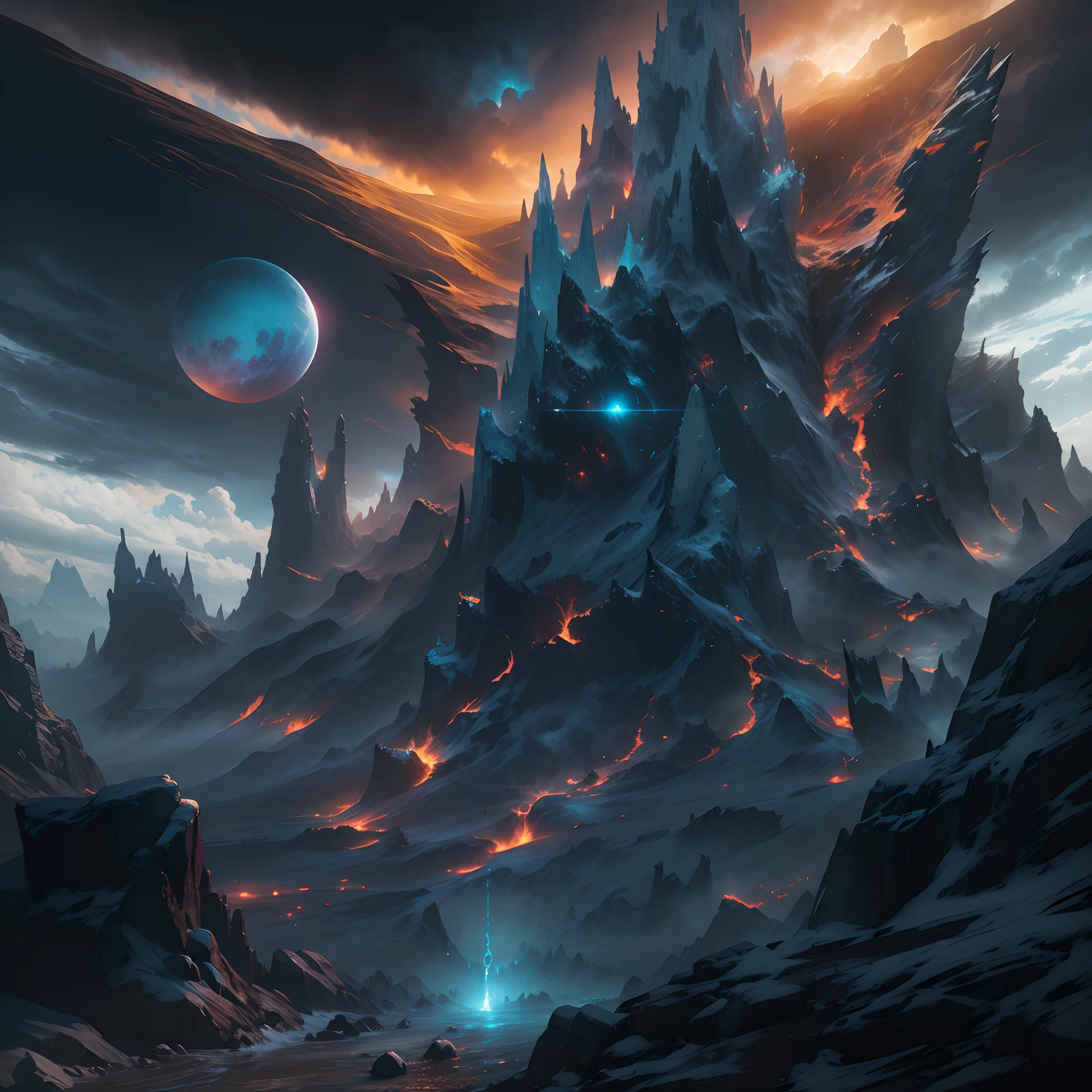 The technological gateway of the future of black metal at the jagged peaks is open,、It is leaking shining energy,、Alien planets can be seen through portals, Volumetric lighting, Clouds, Realistic, Science fiction, Fantasy, high detailing, Ultra HD, Realistic, Vivid colors, Highly detailed, UHD Drawings, pen and ink, Perfect composition, beautiful detailed intricate insanely detailed octane render trending on artstation, 8k artistic photography, photorrealistic concept art, soft natural volumetric cinematic perfect light,Movie Still,Greg Rutkowski