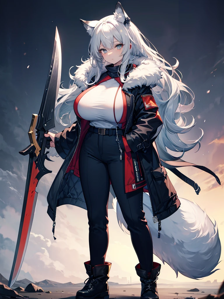 de pele branca, Massive, muscular girl, Kaiju, aggressive, Proud,long, wavy white hair,Long dark blue coat,very very gigantic boobs,muffler,Wolf Girl,Golden decoration,big tail,trouser,Big animal ears,huge sword,long boots,Warm clothing,Clothes that are large in size,No skin exposure,Fluffy,arknights