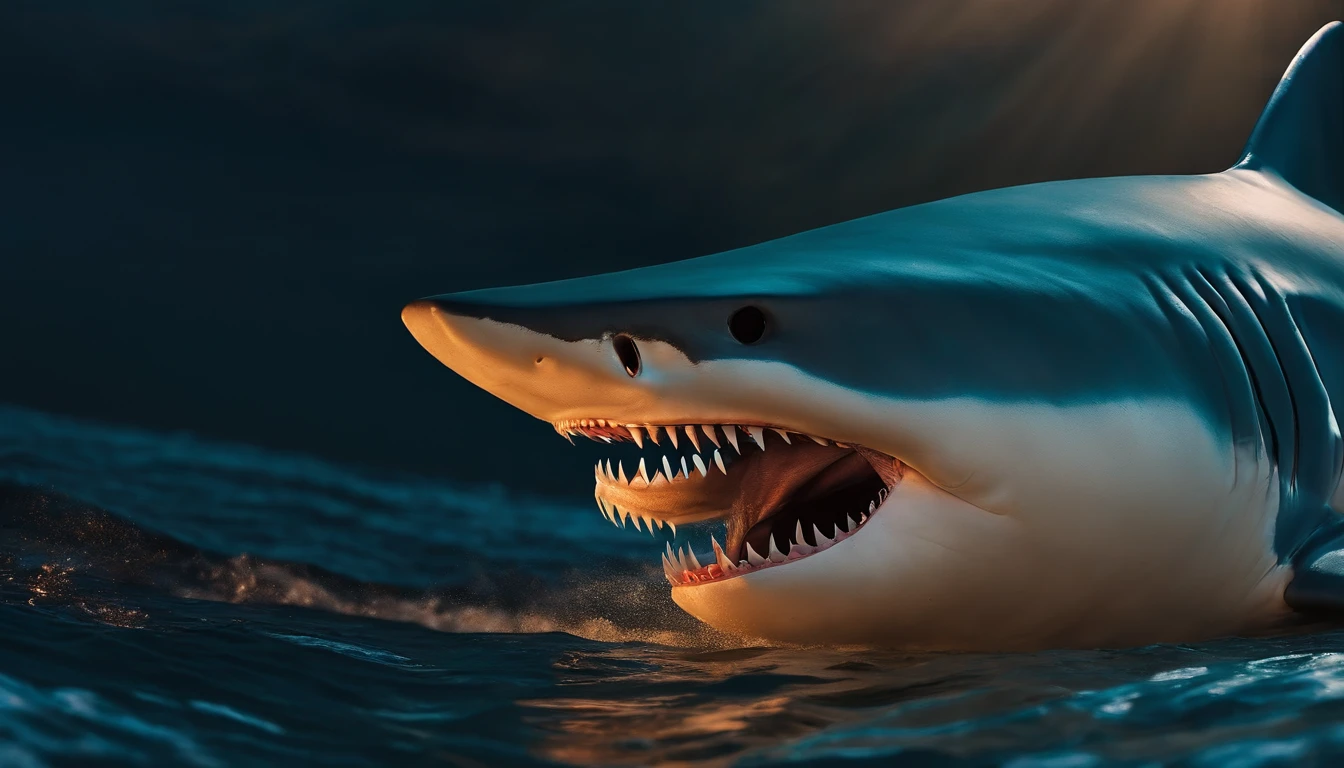 A moment of desperate prayer in the huge belly of a shark.
Illuminated by the twilight shining through the shark's mouth.
Mare,Shark with open mouth,predation、terror