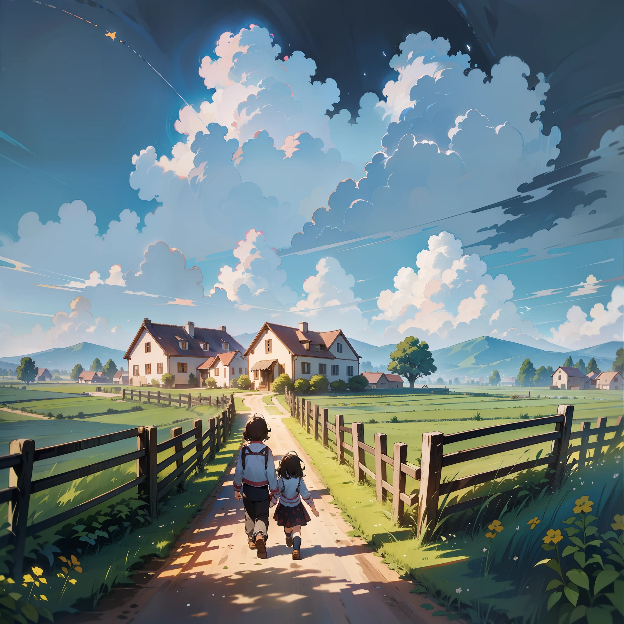 (tmasterpiece,top Quority,Best picture quality,Illustration CG,)zona rural, In the distance are fields, Sunnyday (rivulets),dirt road, farm house,, Ray tracing, , Nice style, clear skies, exteriors,Couple and children go home