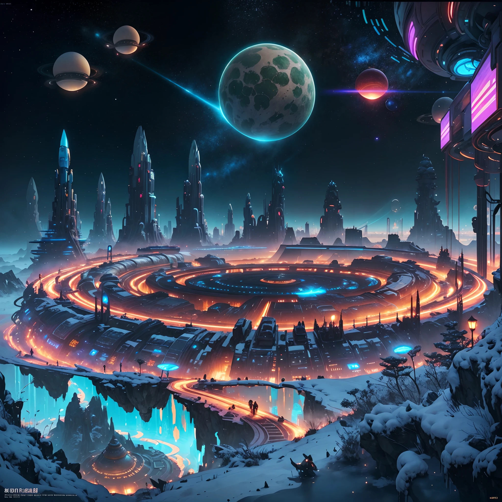 Create intricate and detailed artwork of a futuristic colony located on a distant planet, Features a towering city made entirely of light, Suspended in the air. In this scene、You should be able to see the bustling market below, With traders and vendors selling exotic goods from different worlds. The colony is、It should be placed in a crater surrounded by jagged rocks and sparkling neon vegetation. The style is、It should be a fusion of Art Deco and cyber art, Warm yet dark color palette. The artwork is、It is necessary to create a sense of awe and wonder, Showcasing the potential of human progress across the universe.