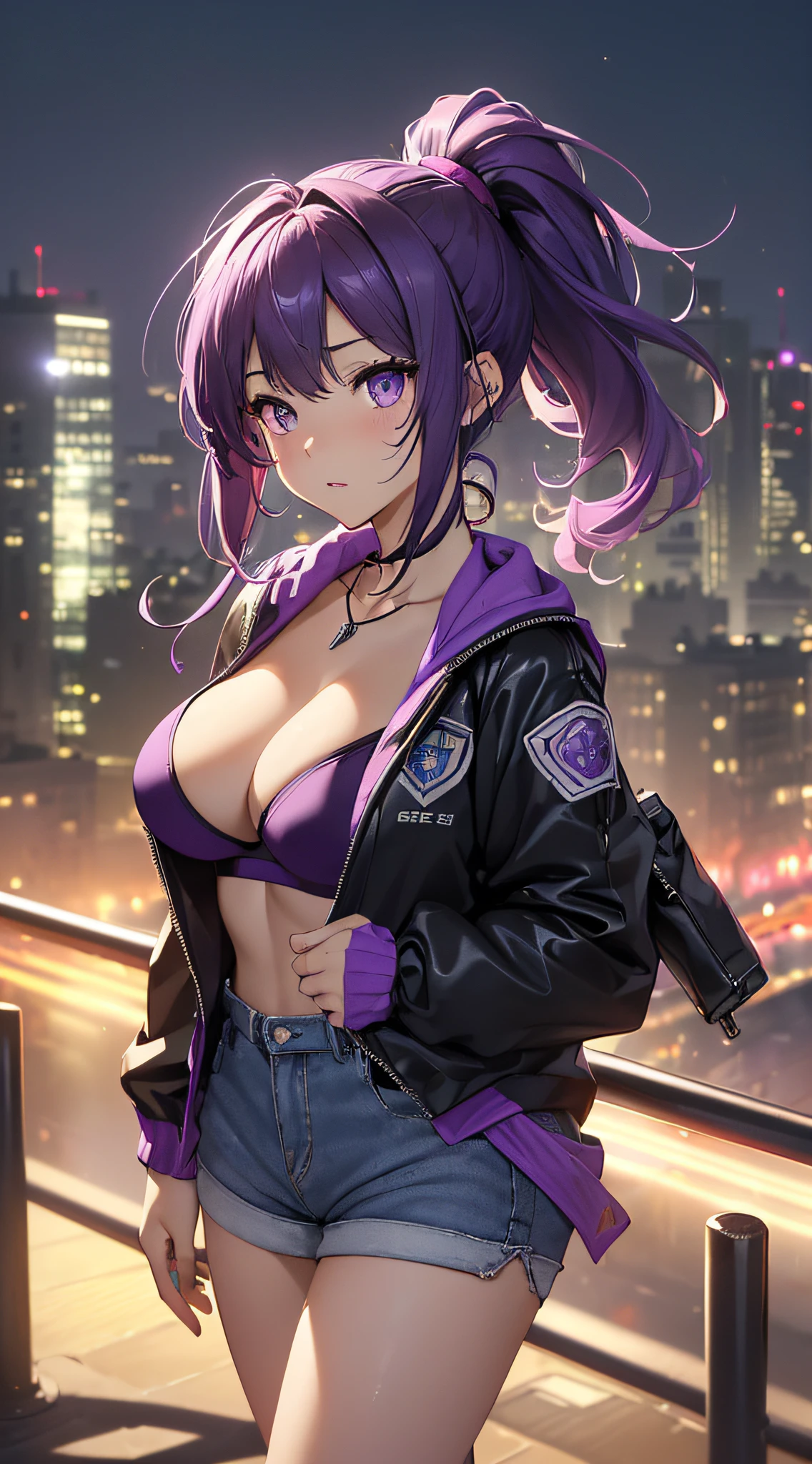 top-quality、Top image quality、masterpiece、girl with((18year old、Best Bust、big bast,Beautiful purple eyes、Breasts wide open, Purple ponytail、A slender、Large valleys、Purple Sports Bra、Black jacket,Purple shorts,Red high heels、Reflecting the whole body、Purple Necklace、Red face、Slippery texture、Headphones on the head,Holding your phone in your hand、Flying Attack Drones))hiquality、Beautiful Art、Background with((A city that shines at night)))、,masutepiece、visualart、depth of fields、