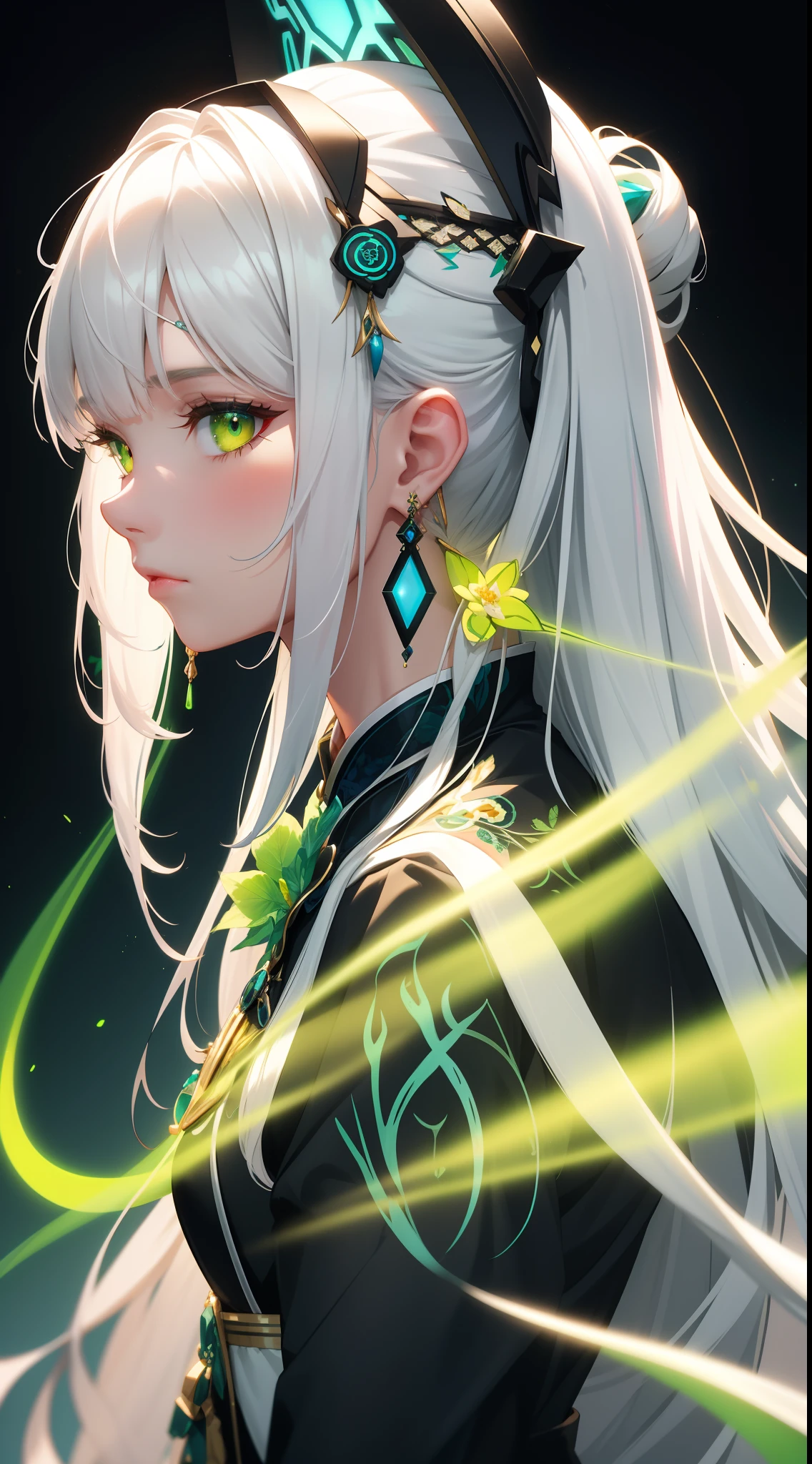 Beautiful girl with long off-white hair, White glowing eyes, Green Luminous Earrings, And a black floral dress with blue and green patterns, masutepiece, studio lights, Professional, hight resolution, Best Quality, nffsw, Taken from the side light,