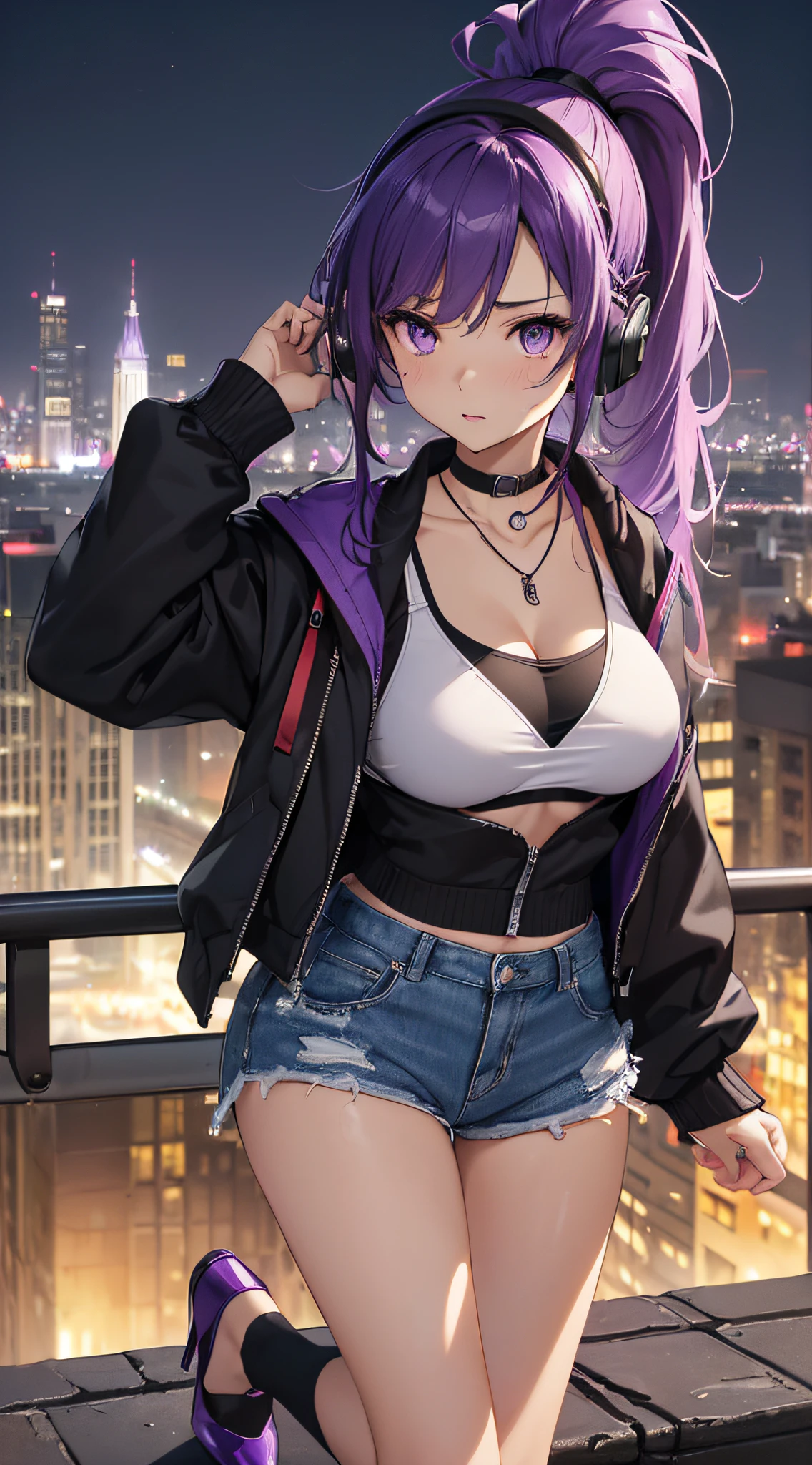 masterpiece, best quality, highres, high detail, beautiful woman, wavy hair, (purple hair), (blue eyes), ((blue tank top crop top and purple jacket)), ((long black skirt)), pencil skirt, leather boots, wearing headphones, bracelets, looking at viewer, rainy backdrop, storm, clouds, city alley at night, (night sky), reflective light, blue light, neon lights, 