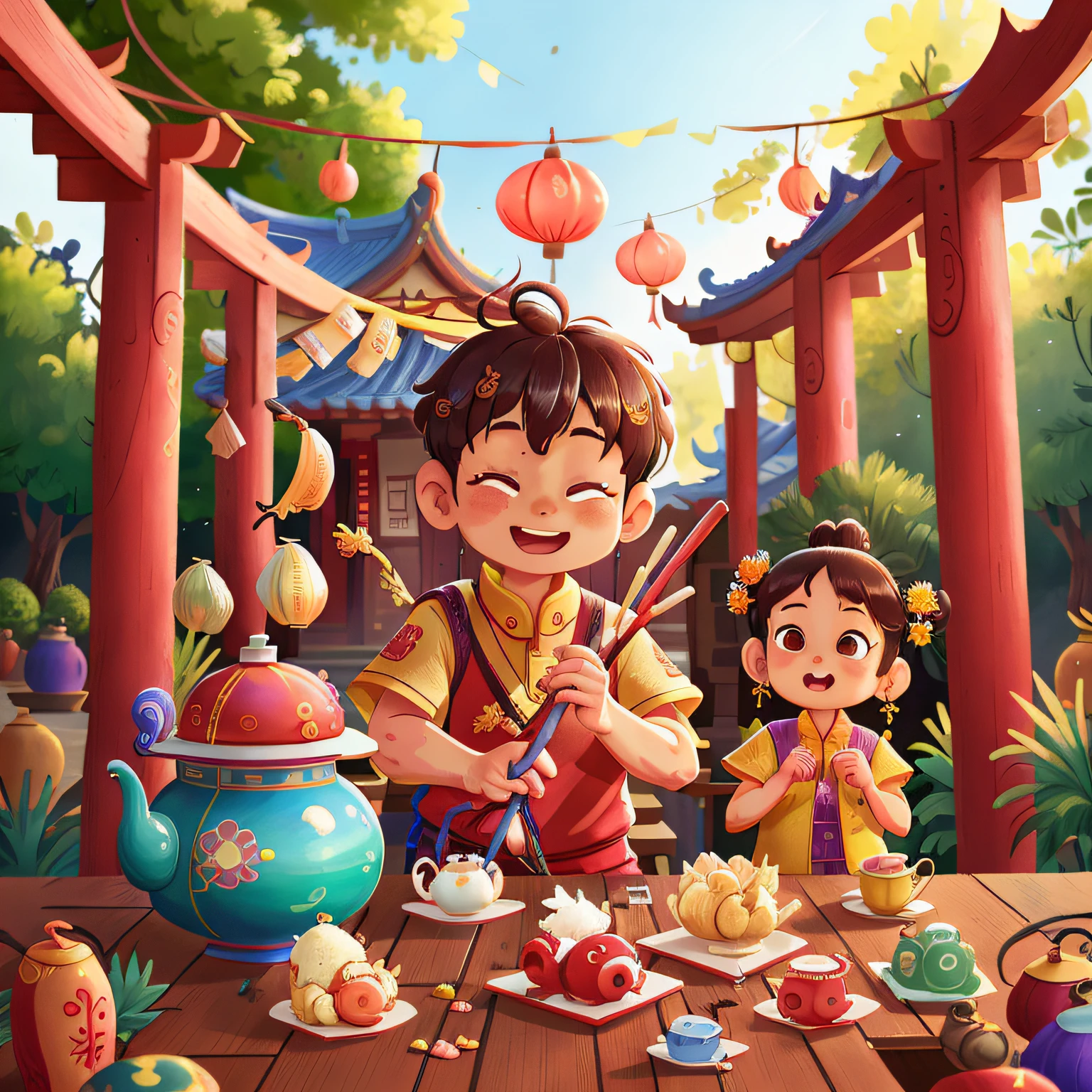 The background is a Chinese temple、Grandpa mixes medicines、、perfectquality、Clear focus (Clutter-Home:0.8)、(masterpiece:1.2) (realisitic:1.2) (bokeh dof) (top-quality) (detailed skins:1.3) (intricate-detail) (8K) (Eye of Detail) (foco nítido), (Happiness)