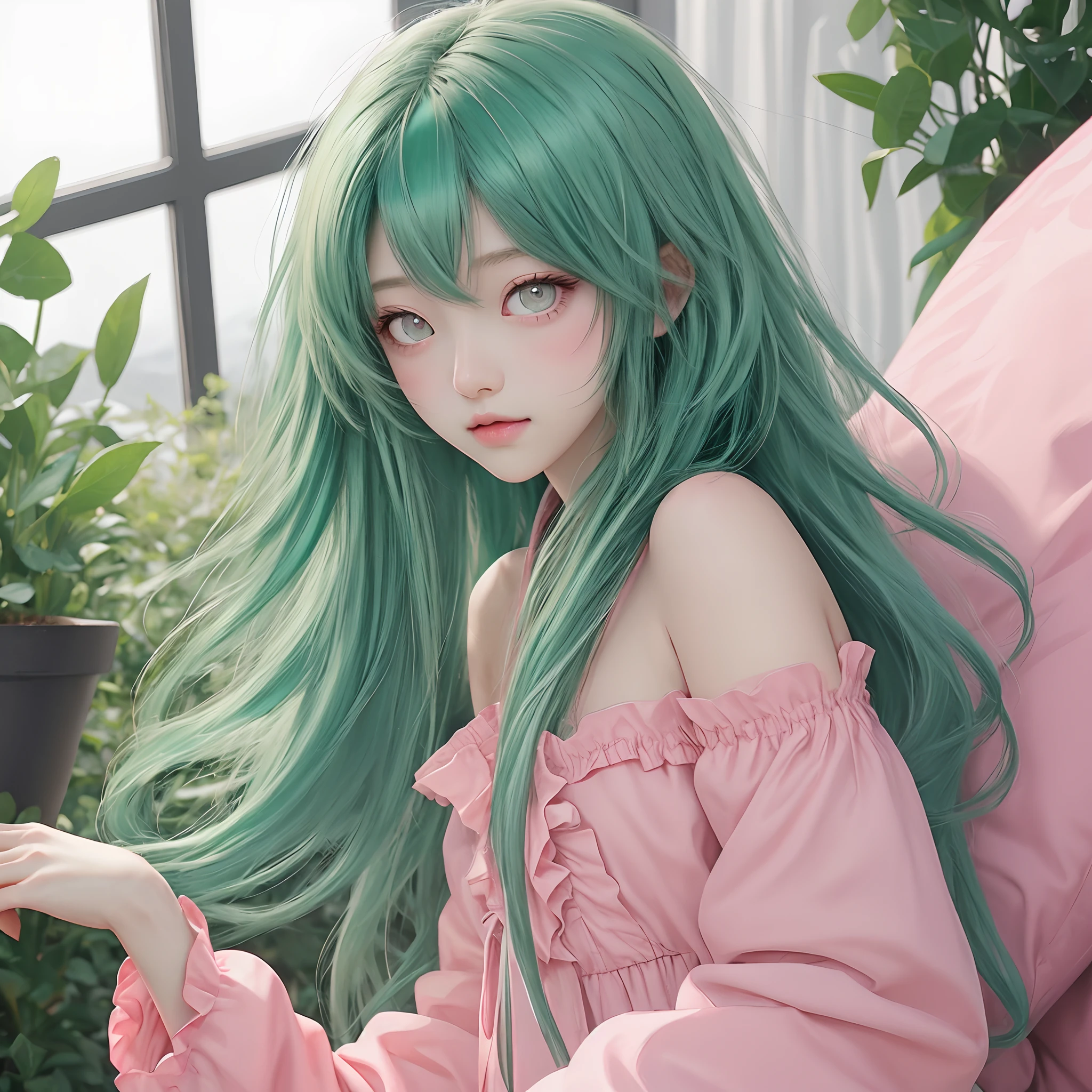 Emerald Green Hair Pink Eyes 2D Girl Cute Long Hair