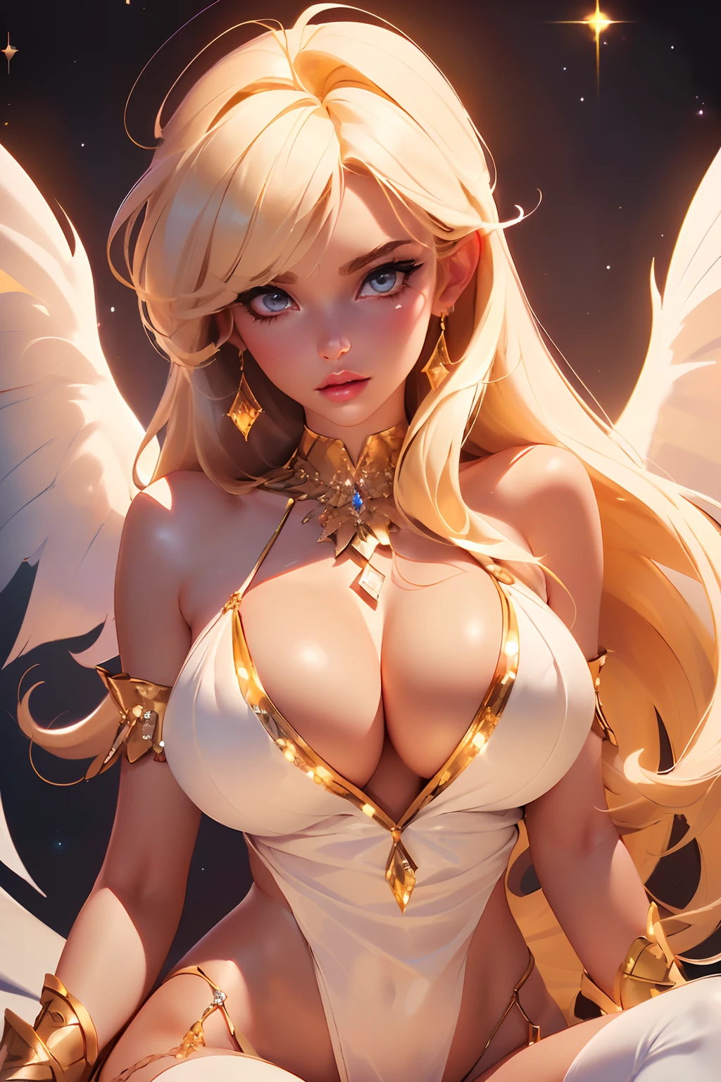 ((sexy tall supermodel)) ((beautiful face)) (red lipstick) ((big bright eyes)) ((very long blonde messy with long bangs covering one eye)) ((pale skin)) ((very huge breast:1.5)) (perfect body:1.3) ((wears fantasy white sequin tiny string thong, decorated with diamonds)) ((choker, white high heels, big cosplay wings ornamented with diamonds)) ((sexy supermodel posing inside photo studio for camera photoshoot, light of reflector over her)) (high resolution, dynamic shadows)((photorealistic:1.5)) ((masterpiece:1.3)) (8k) (perfect face) (best quality) (perfect hands and eyes)