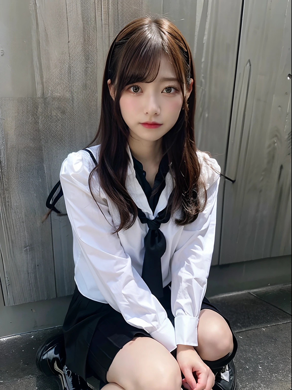 hight resolution,masutepiece,Best Quality,Extremely detailed, hyper realisitic, girl with, sitting, Put your hands on your knees, hair wavy, in town, Black pleats skirt, black shoes, neck tie, open one's legs, Very beautiful,cute, 8K Wallpaper, Fine detail, Very detailed 8k wallpaper