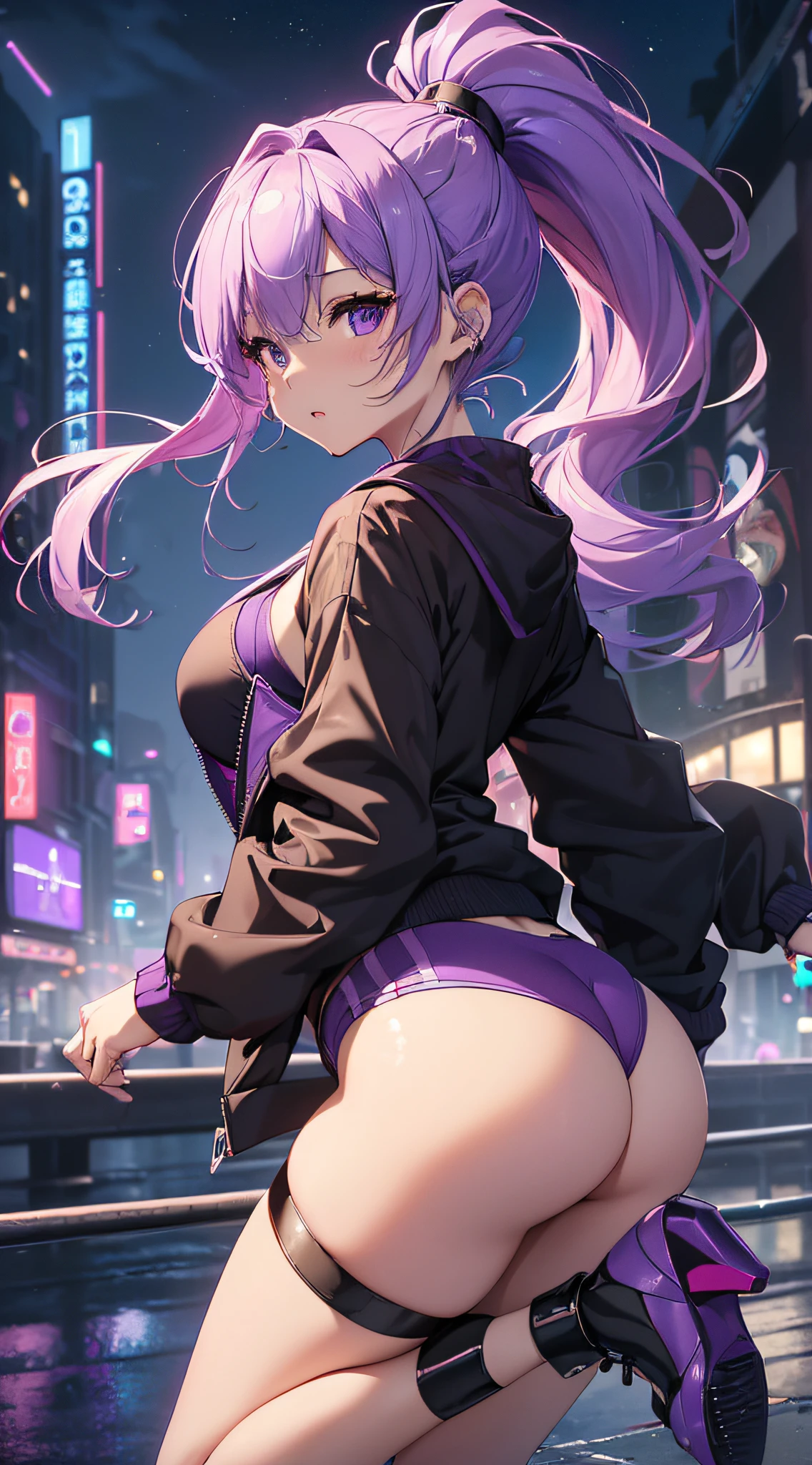 top-quality、Top image quality、​masterpiece、girl with((18year old、Best Bust、big bast,Beautiful purple eyes、Breasts wide open, Purple ponytail、A slender、Large valleys、Purple Sports Bra、Black jacket,Purple shorts,Red high heels、Reflecting the whole body、Purple Necklace、Red face、Slippery texture、Headphones on the head,Holding your phone in your hand、Flying Attack Drone、Rear view、Emphasis on the buttocks、Anxious face)）hiquality、Beautiful Art、Background with((A city that shines at night)))、,masutepiece、visualart、depth of fields、