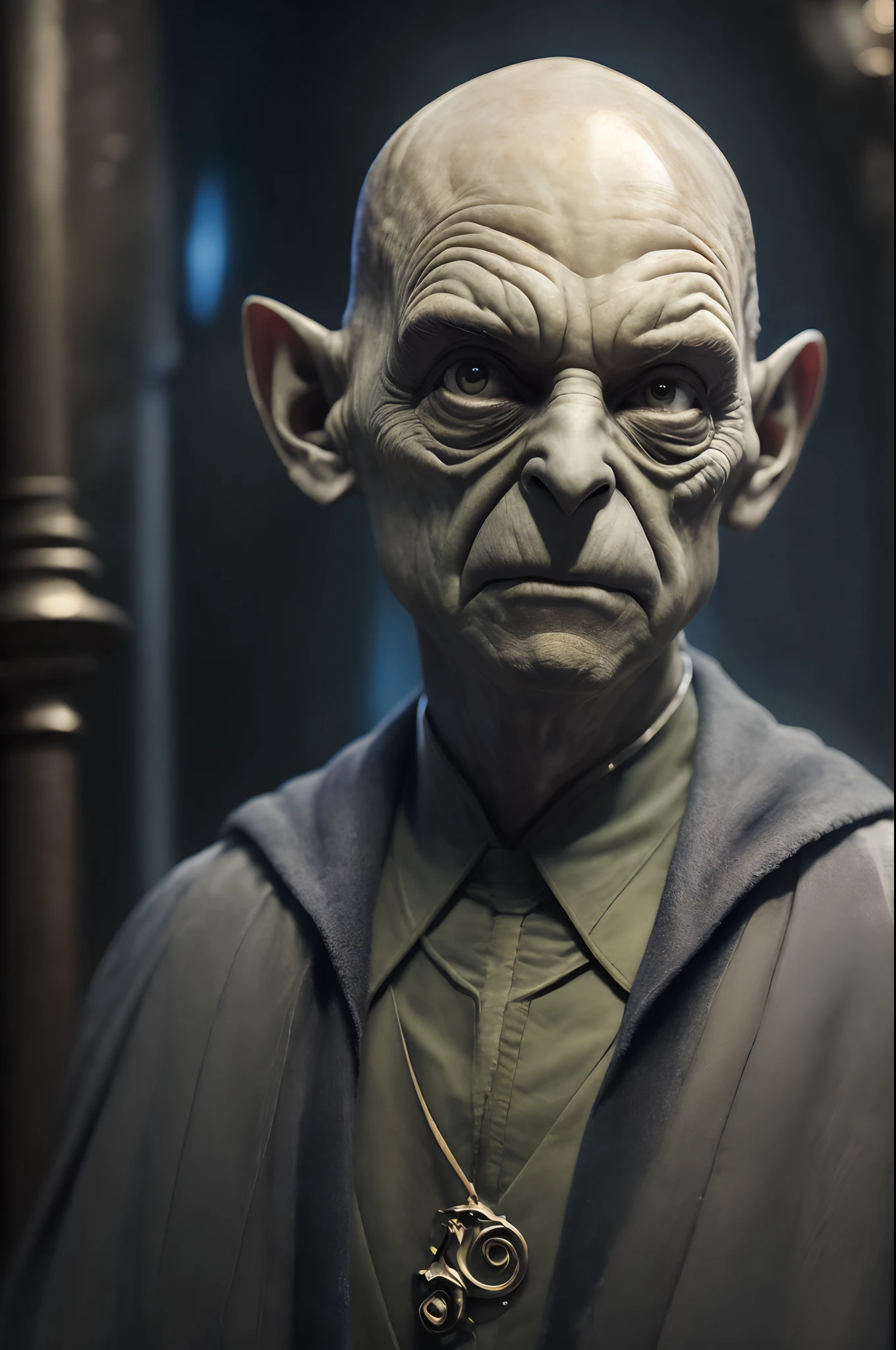 (realistic photo:1.5), (((high resolution photo))), (((extremely detailed))), ((masterpiece)), dramatic shadows, depth of field, 35 mm, (((best quality))), (realistic: 1.4), (Yoda but Voldemort), in Hogwarts, Magic school, mantle, magic wand, full body shot, wide lens, detailed face, wet eyes, weary eyes, fine eyes, brightly colored eyes, bioluminescence, fantasy aura, cinematic, by Greg Rutkowksi