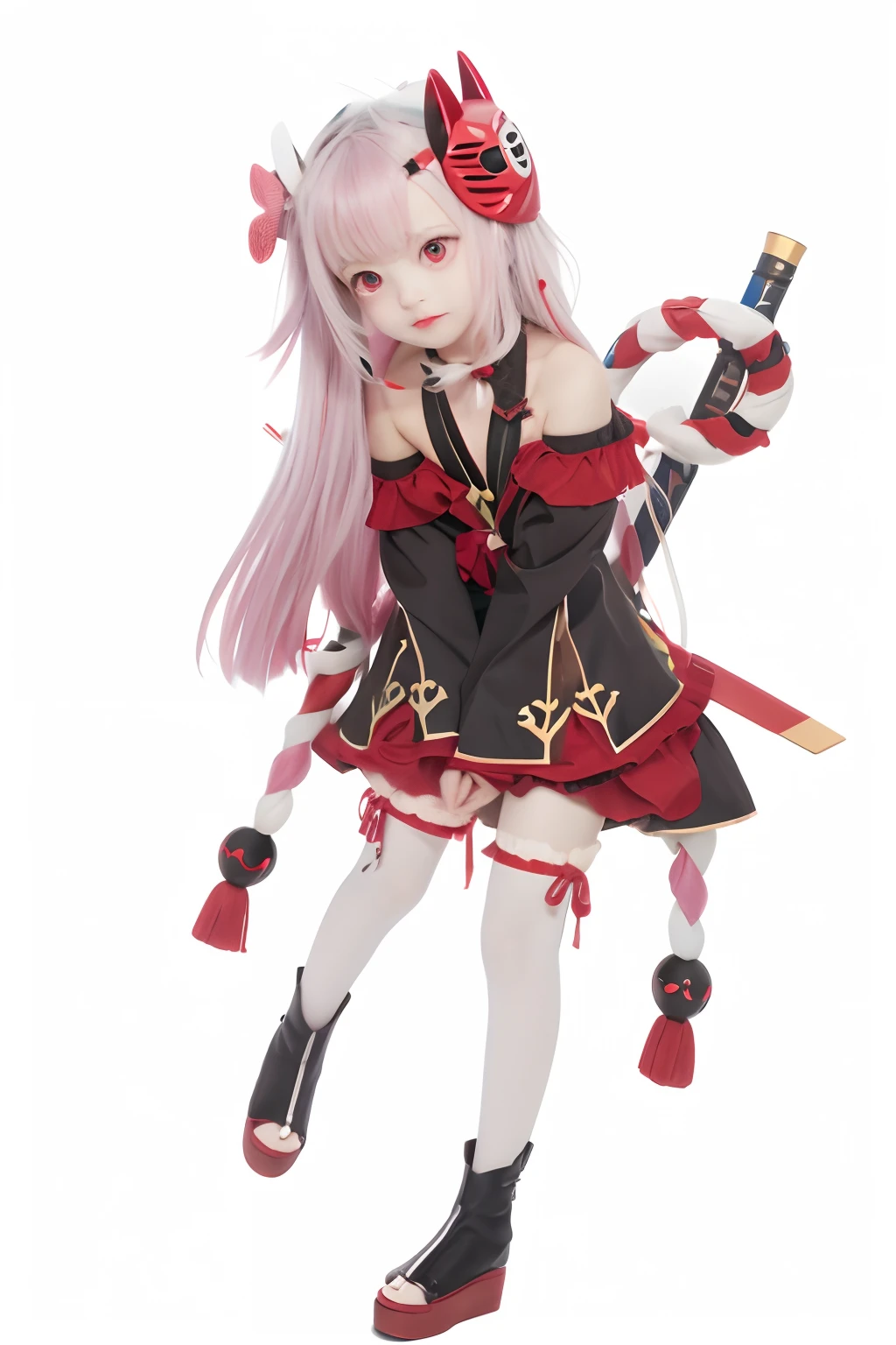 Qiqi, genshin impact, liyue, female, gradient light purple hair, burgundy eyes, burgundy cape, white stocking, black shoes with burgundy plushes, white beads necklace with burgundy ribbon, dark purple hat with gold vampire seal, white tip on top, burgundy ribbon