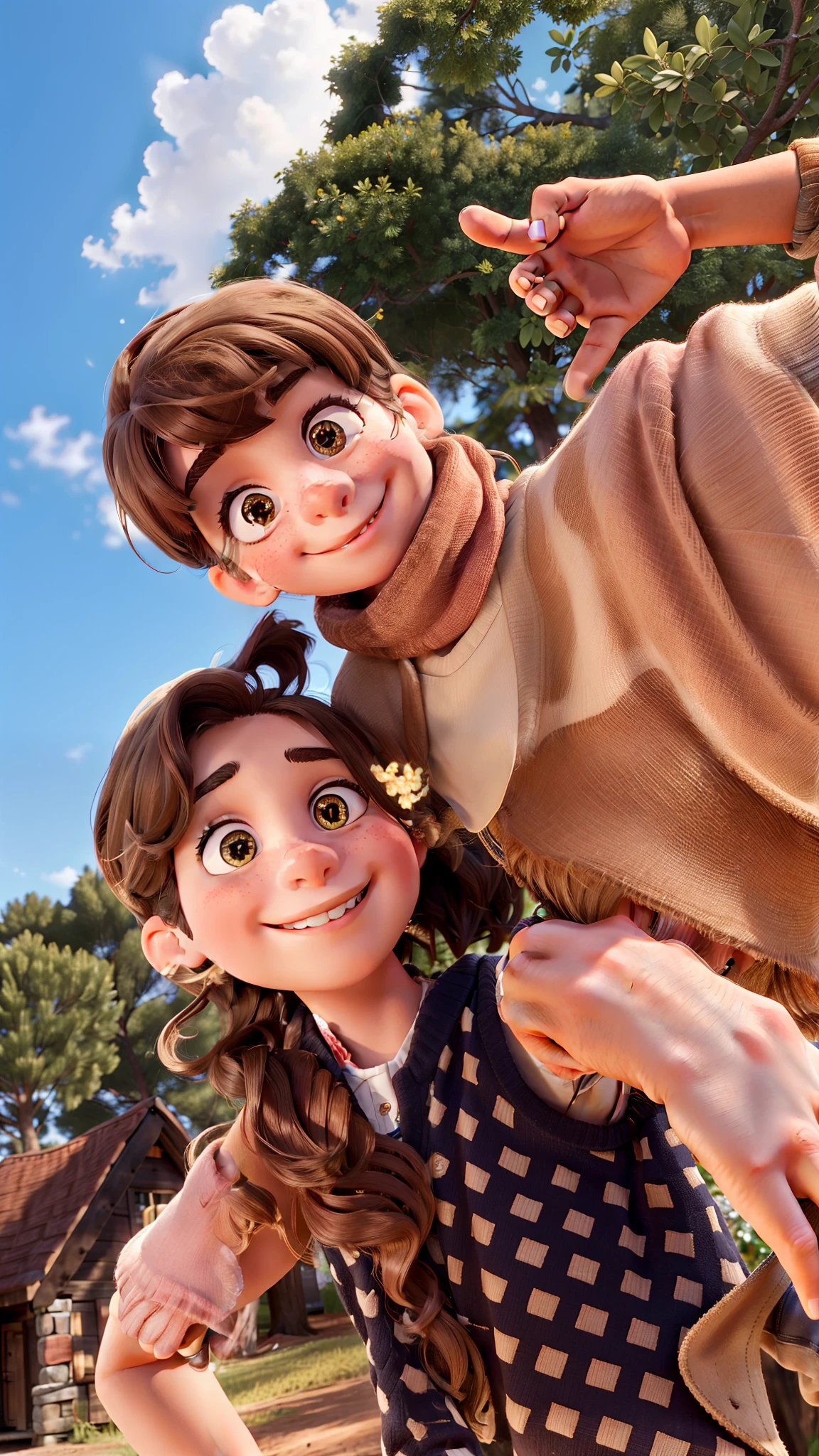 Young girl on the left side smiling has straight brown hair and her father on the right side is doing a handloser with his hand and has light brown hair