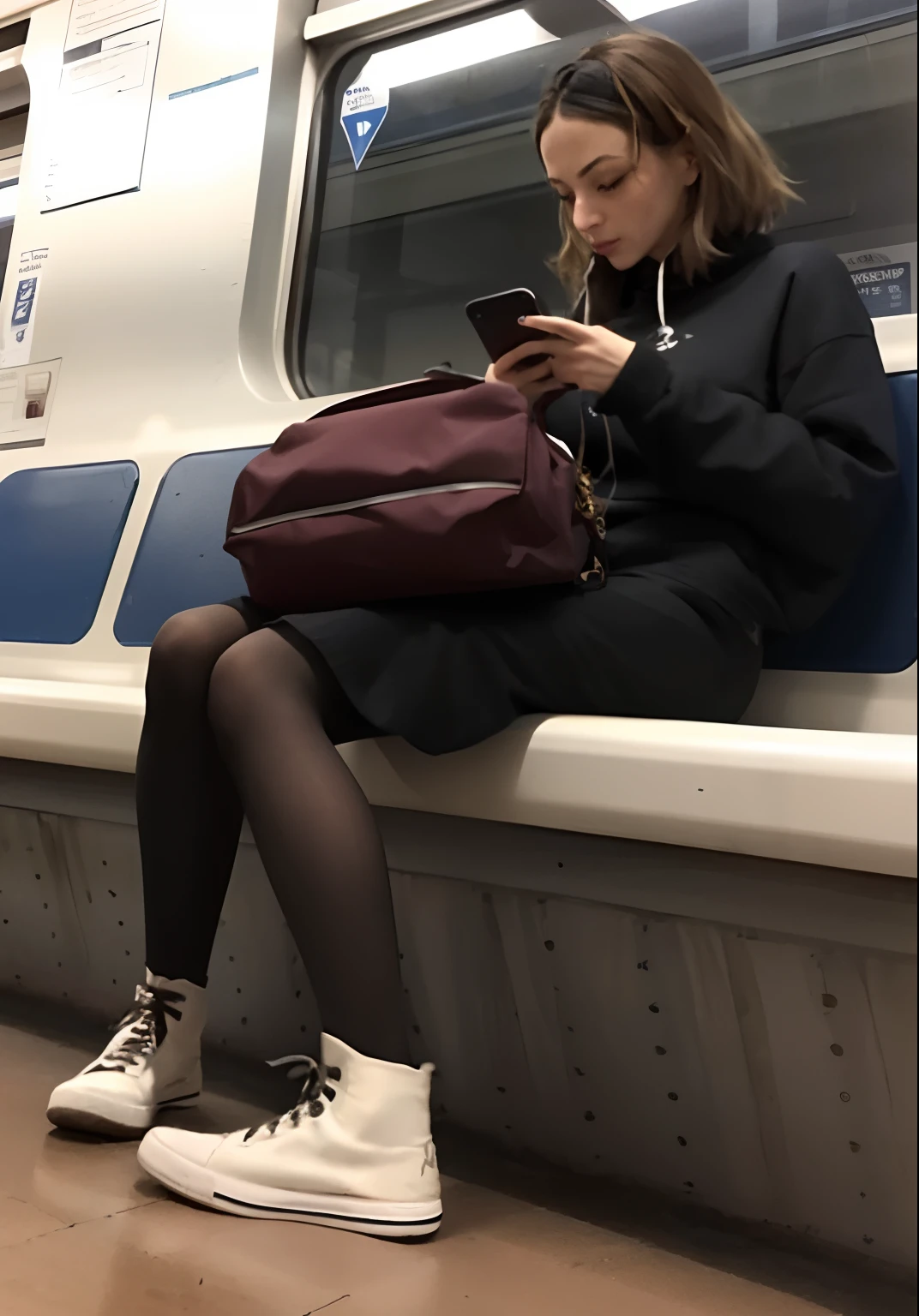 Araffe sitting on a train seat with a bag and a mobile phone, in a subway, sat down in train aile, sitting in tokyo, pantyhouse; exteriors, pantyhose tights, Nylon tights, She is dressed in street clothes, Woman in streetwear, in dirty road clothes, Moscow Metro, inspired by Nan Goldin, in white tights, Checking her phone, pantyhouse