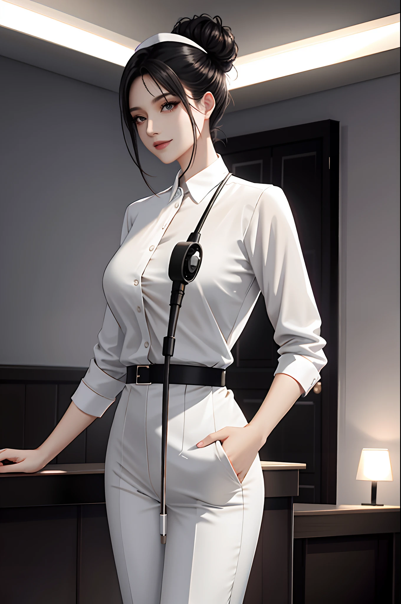 masterpiece、top-quality、hightquality、hight resolution、High quality textures、High Quality Shadows、High Detail、realisitic、Cinematic Lights、side lights、Lens Flare、Ray traching、Sharp Focus、Beautiful adult woman with black hair、One lady、elegent、tall、bun hair、nurse、hospitals、Wearing a white nursing uniform、white uniform 、Wearing a stethoscope from the neck。is standing、Wearing white nursing pants。manly。slim thigh、Smaller chest、Slimed、long eyeslashes、adult-like、White sneakers、a smile、beauty、