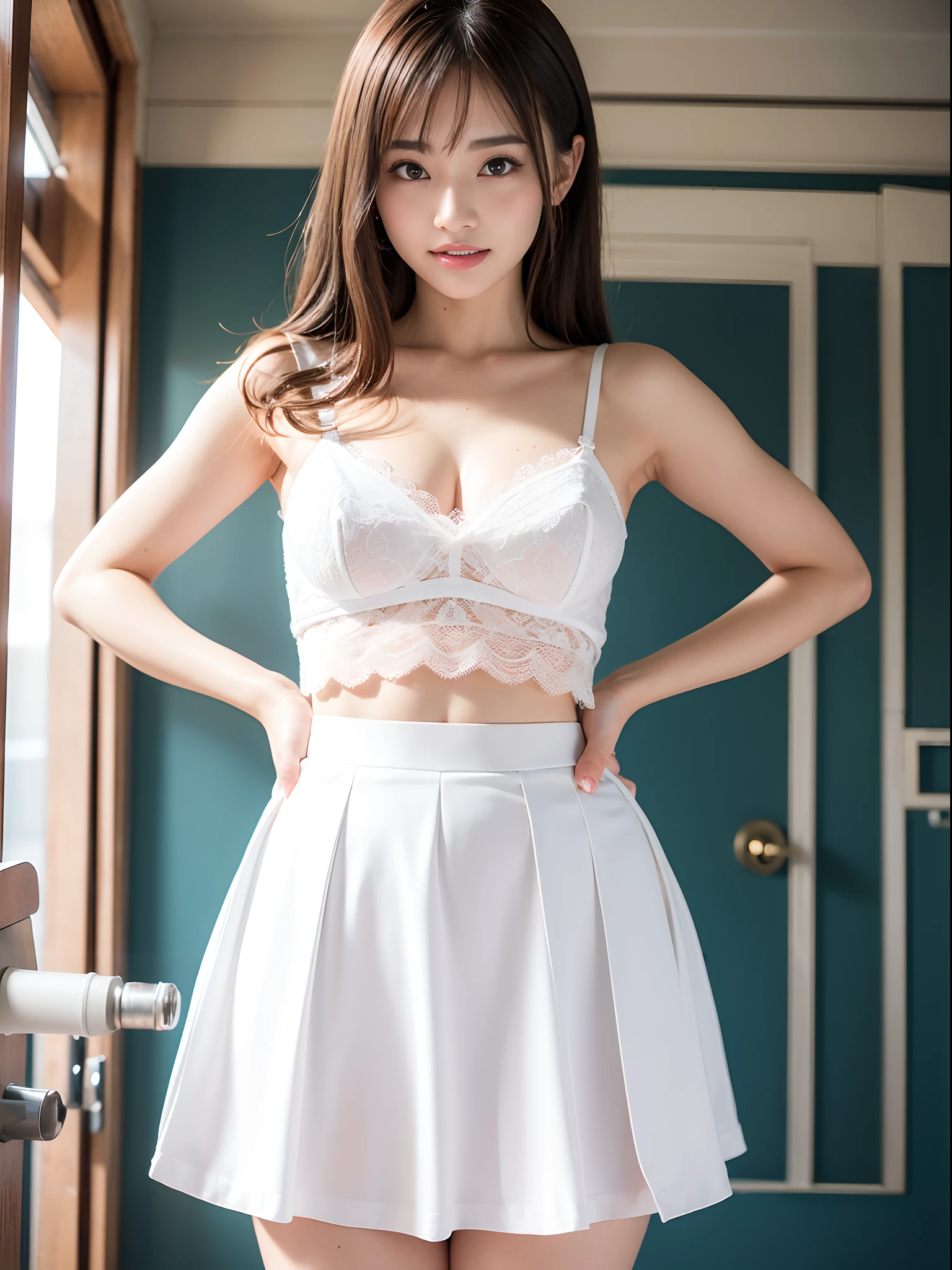 ighly detailed、masterpiece、top-quality、Ultra-high decomposition energy A、8K High Resolution、Photogenic clarity、A detailed eye、Gradation、perfect anatomy body proportions ,hard disk、nffsw (English) ,Nikon Z9 80mm Lens , masutepiece、Model Standing、Light blue panties made of lace material、White tight t-shirt、The dress is made of white lace material(((Show me all my panties)))、(((The skirt is definitely worn)))、(((Lift skirt hem)))、panties focus、too bright natural light、Sunshine、Detailed lace panty pattern、Ordinary panties、(((while standing, Lift your skirt to show your panties to the camera)))、(((Beautiful alignment and snow-white teeth)))、(((Lift the skirt bigger and bigger,、Show your panties to the camera)))、Ultra Slim Body, Big breasts、Body type of slender model、Beautiful posture, In the subway