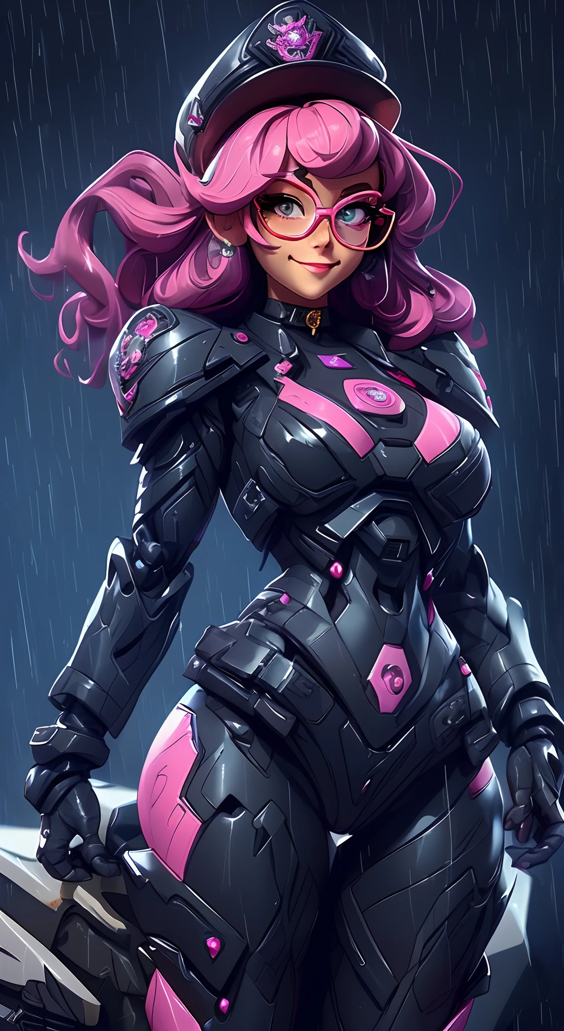 A fantz monster design, Cute police robot [style-rustmagic]，Policewoman robot ，Half-human, tmasterpiece，（tmasterpiece，top-quality，best qualityer），cabellos largos dorados，独奏，（Police 1.6），wear police cap，Police badge，Pink glasses frames，，，grinning smile，a black choker，collars，Laser cloth，Sexy bikini，glitter drawing，Correct anatomy，Detailed face, Detailed eyes，Chest exposed，Background with：futuristic cities，exteriors，very heavy rain，guns，Ride a motorcycle（Police motorcycles），Drive a car（police cars），