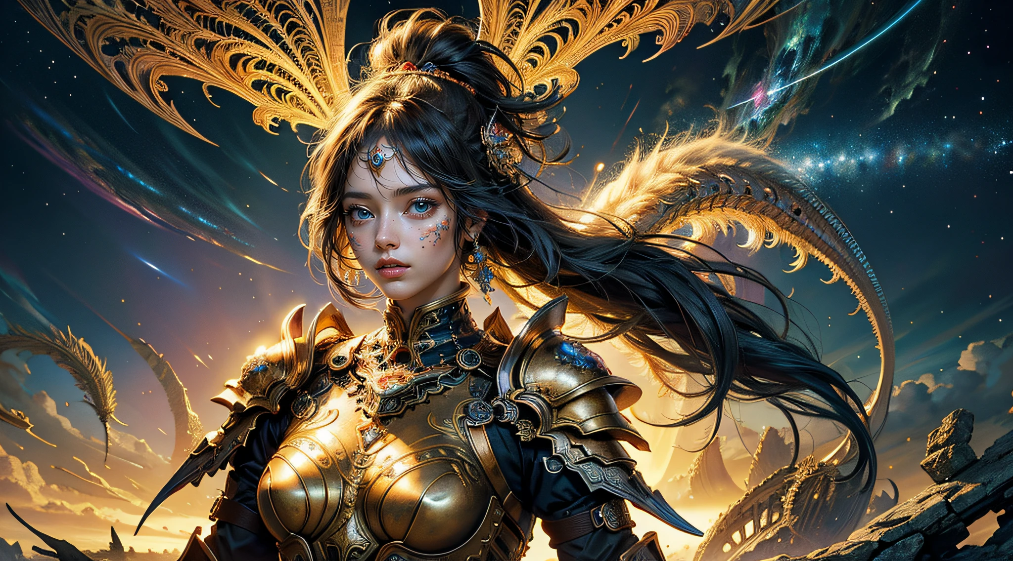 (masterpiece, top quality, best quality, official art, beautiful and aesthetic:1.2), (1girl), extreme detailed,(fractal art:1.3),colorful,highest detailed, fantasy,Ancient armor