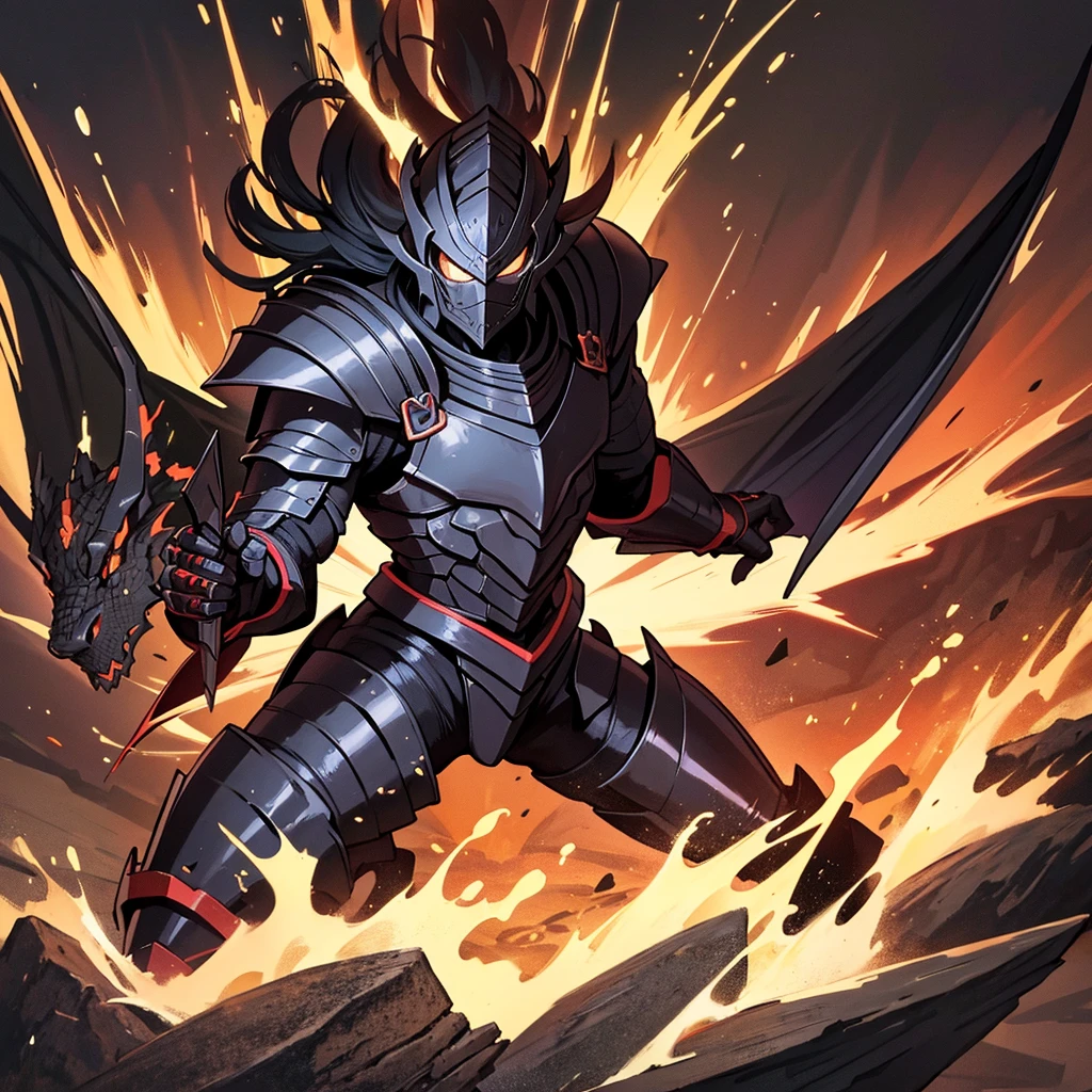 Black Armor，dragon knight，Dragon's horn，Holding the Dragon Killer in His Right Hand、simple background