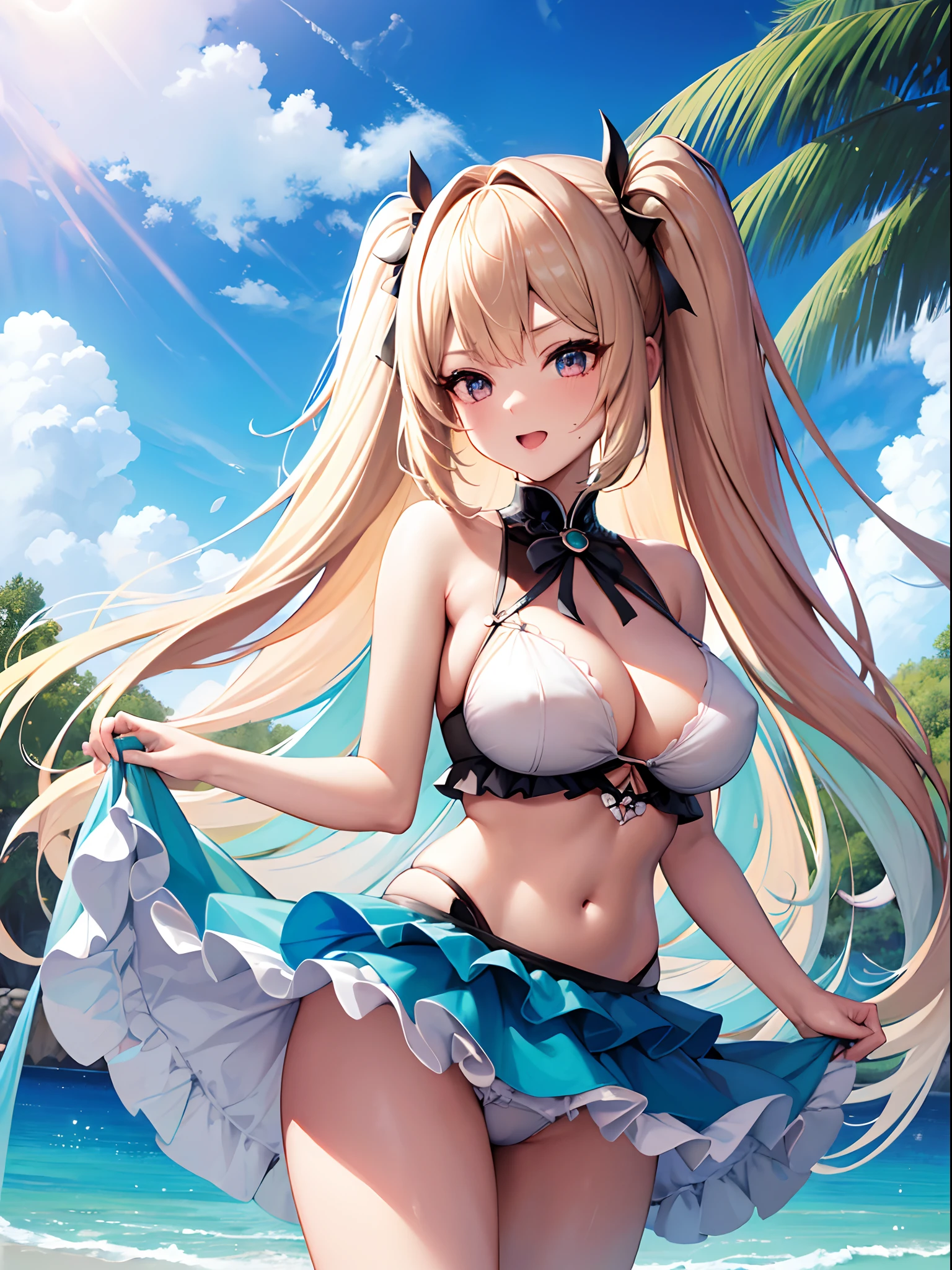 ((Best Quality)), (ultra-detailliert), ((Extremely detailed)), (Beautiful), ((Kawaii Girl)), ((UHD)), (masterpiece), (high quality), (best quality), (4K), (high quality), 1, solo girl, 1girl, (platinum blond hair), parted bangs, ((hair intakes)), long hair, (hair two side up long), ((jade colored eyes)), slanted eyes, large breasts, slender body, lite blue frilled bikni, ((strings) bikini), Pool Background, (blue sky:1.3), solar, sunlight, anime, ;D