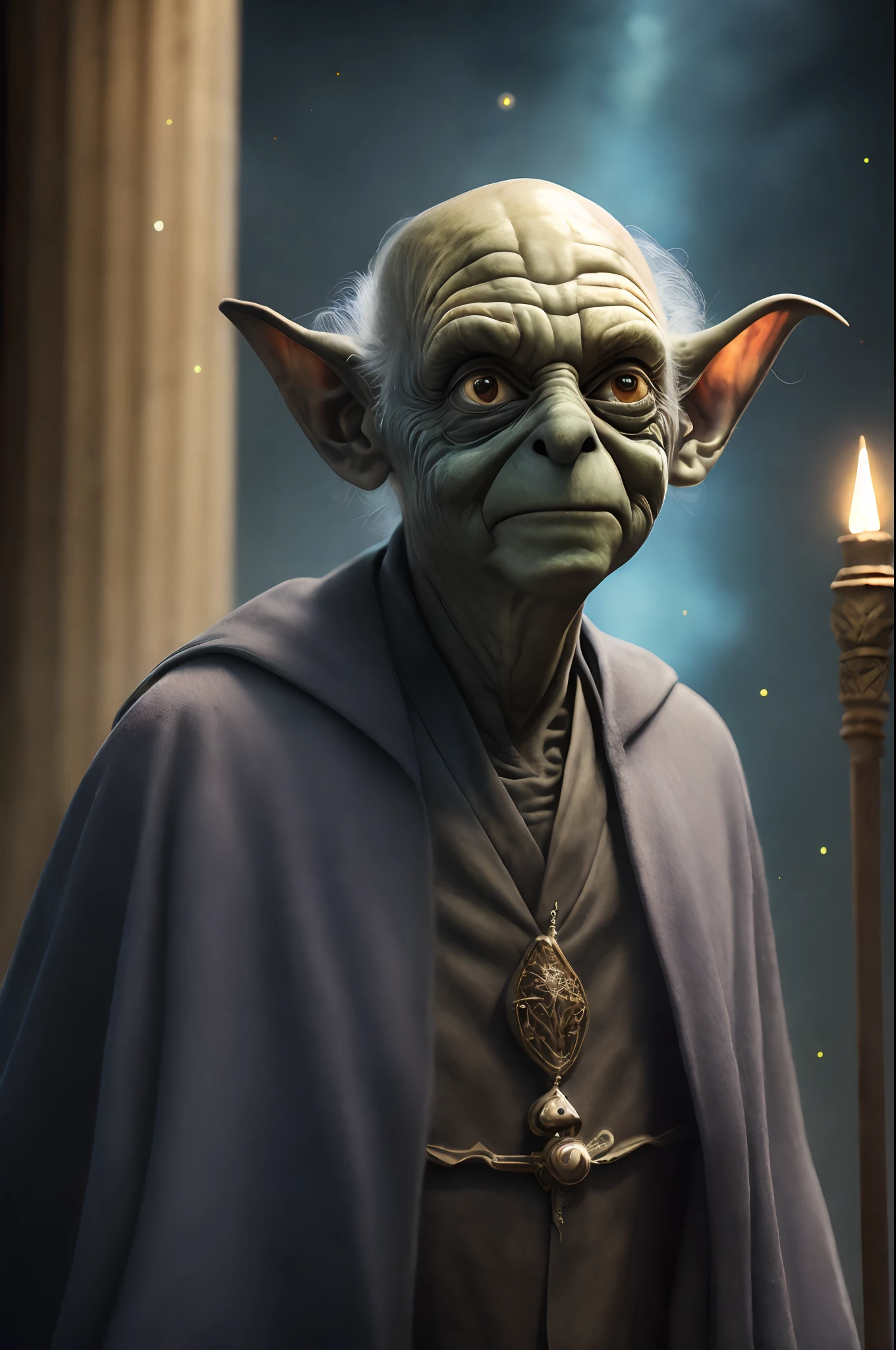 (realistic photo:1.5), (((high resolution photo))), (((extremely detailed))), ((masterpiece)), dramatic shadows, depth of field, 35 mm, (((best quality))), (realistic: 1.4), (Yoda but Voldemort), in Hogwarts, Magic school, mantle, magic wand, full body shot, wide lens, detailed face, wet eyes, weary eyes, fine eyes, brightly colored eyes, bioluminescence, fantasy aura, cinematic, by Greg Rutkowksi