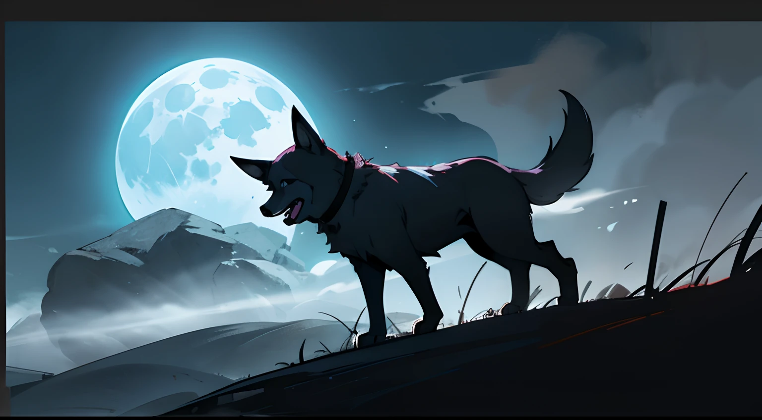 Pitch black night,The moon is not too bright,A dog barks,The picture is weird,Fog was raging