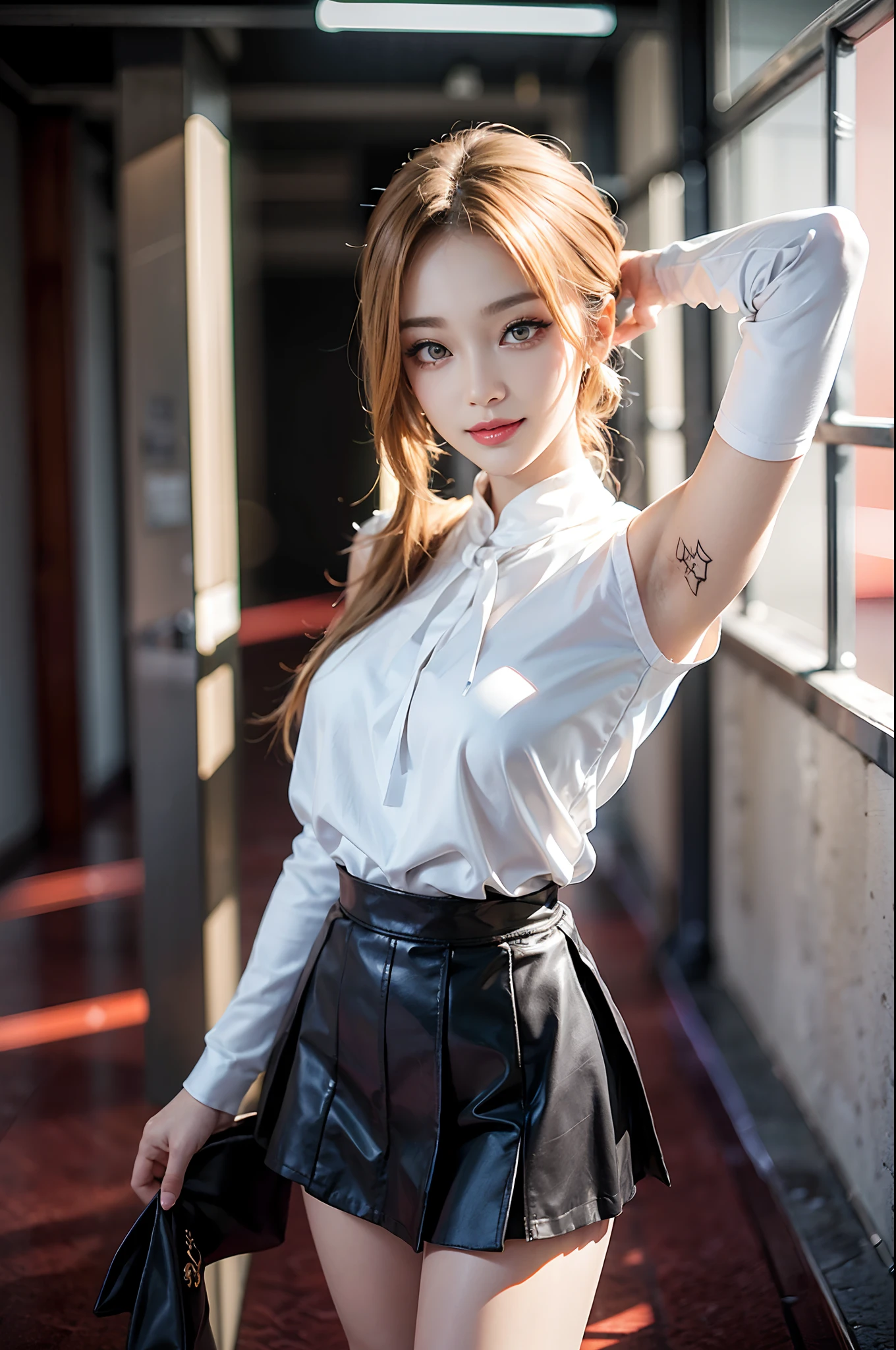 ((knee shot)), Korean school uniform,White color blouse, cropped shoulders, black short skirt, Bright blonde hair,In the hallway, standing on your feet, leaning against the railing, Cross ed leg, posing elegantly, Look into the distance, 8K original photos,A high resolution,20yr old,Korean model,beautiful eyes in detail,long eyelasher,beautiful double eyelid,eye shadows,eyes liner,Elongated eyes,Elongated eyes,Elongated eye shape, Sanbai's eyes,evil grin smile,Evil expression,Beautiful very thin legs,slender leg,Random medium hair,Hair tied behind the head,耳Nipple Ring, Heavy makeup, Gorgeous makeup, ((warm lights, a warm color palette))