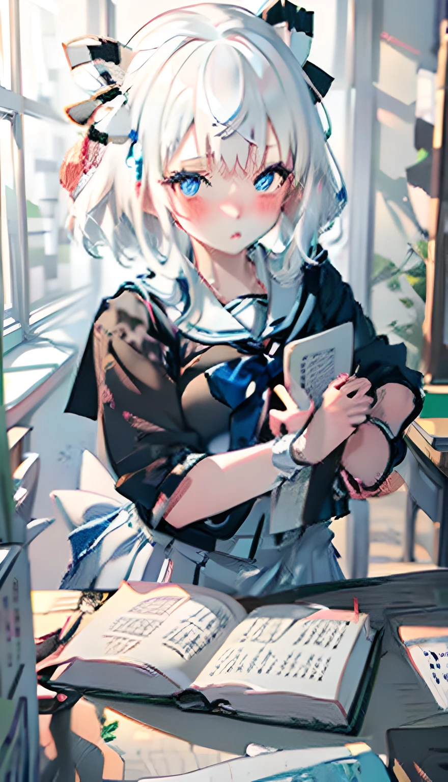 1female, white haired, school girl, blushing, holding book, japanese school girl uniform, blue eyes, pout, short hair, classroom, 8K, ribbon