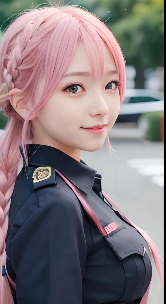 high image quality、Anime girl with long hair and in a police uniform poses for a photo、Shibuya、close-up、(smile:1.5)、travel, Anime images of cute girls, anime mo art style, in a dress, Anime girl in police uniform, beautiful anime girl, (Anime girl), Cute anime girl, Cute anime waifu in police uniform, adorable anime girls, Have a walkie-talkie、beautiful anime girl, Also, гладкое аниме cg art、(Pink hair), Hair in ears, Small , single braid, (single braid), (side braid), Big Tits