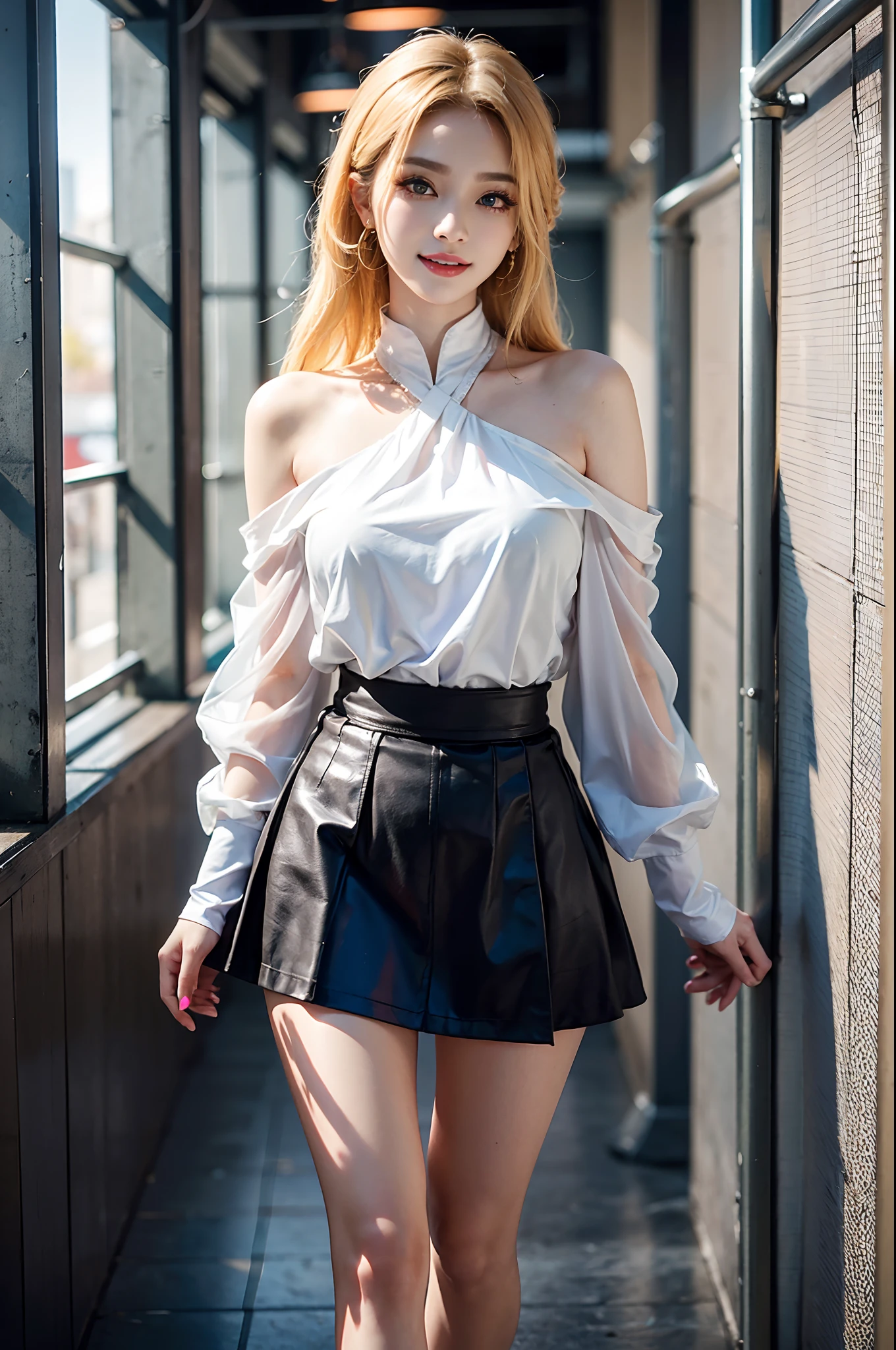 ((knee shot)), Korean school uniform，White color blouse, cropped shoulders, black short skirt, Bright blonde hair，In the hallway, standing on your feet, leaning against the railing, Cross ed leg, posing elegantly, Look into the distance, 8K original photos，A high resolution，20yr old，Korean model，beautiful eyes in detail，long eyelasher，beautiful double eyelid，eye shadows，eyes liner，Elongated eyes，Elongated eyes，Elongated eye shape， Sanbai's eyes，evil grin smile，Evil expression，Beautiful very thin legs，slender leg，Random medium hair，Hair tied behind the head，耳Nipple Ring, Heavy makeup, Gorgeous makeup, ((warm lights, a warm color palette))