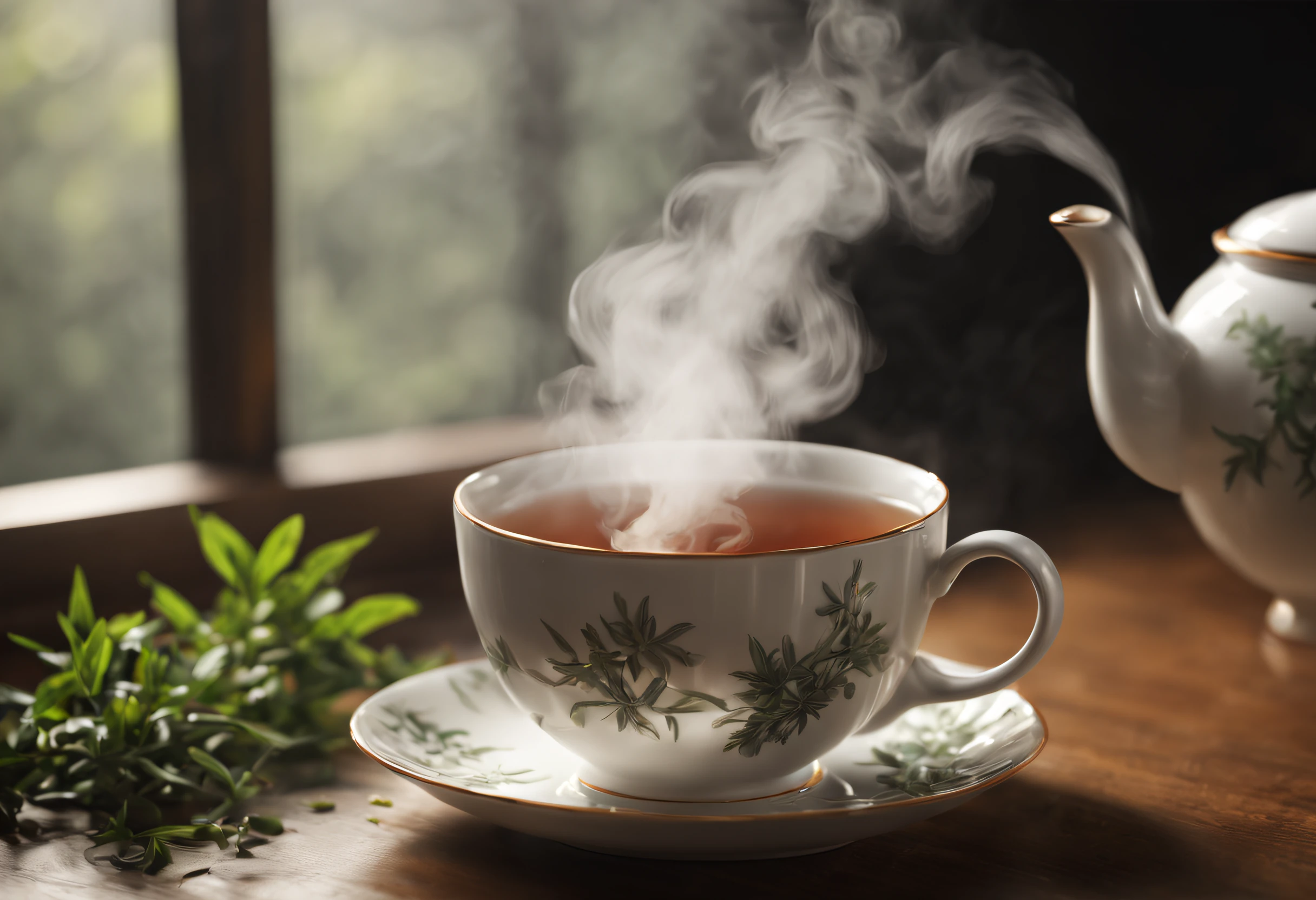 (best quality, 4k, 8k, high resolution, masterpiece: 1.2), ultra detailed, (realistic, photorealistic, photorealistic: 1.37),high-quality photography, (aromatic steam coming out of the tea cup: 1.37), ceramic teapot, porcelain tea cups, morning sunlight filtering through the window, steaming tea cup,