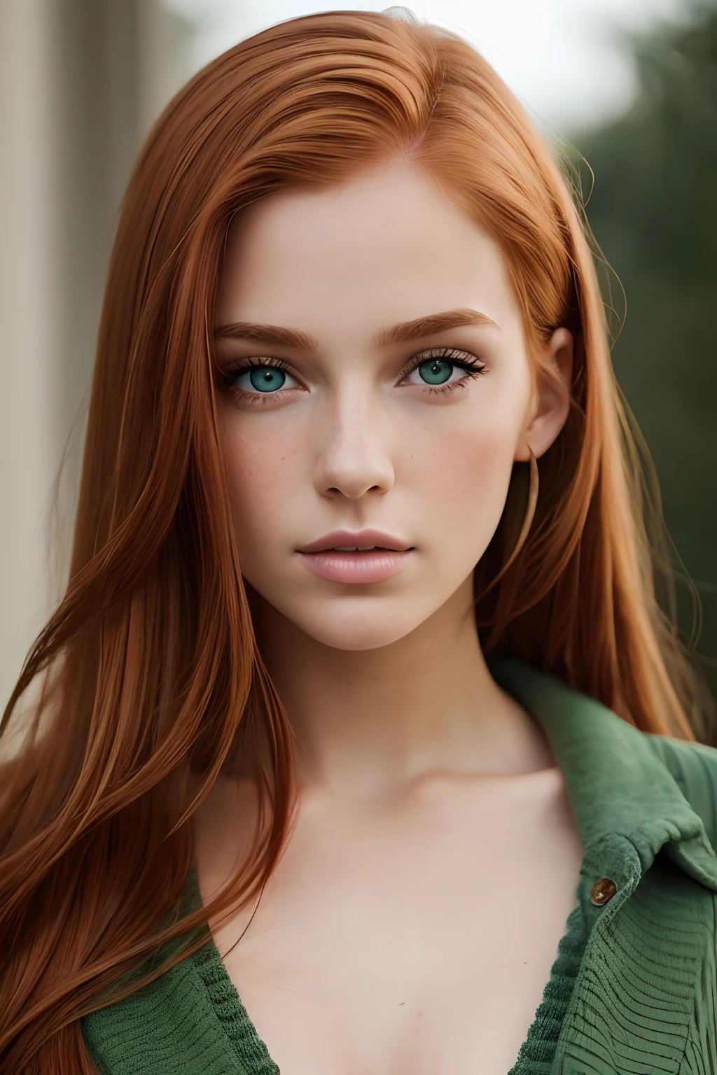 (close-up editorial photo of 20 yo woman, ginger  hair, slim American sweetheart), (freckles:0.8), (lips parted), realistic green eyes, POV, realistic[:, (film grain, 25mm, f/1.2, dof, bokeh, beautiful symmetrical face, perfect sparkling eyes, well defined pupils, high contrast eyes, ultra detailed skin, skin pores, vellus hair, fabric stitching, fabric texture, wood grain, stone texture, finely detailed features:1):0.9]