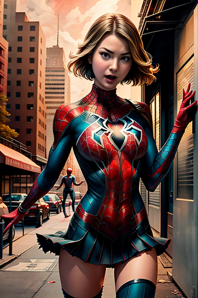 sandra bullock、Sticking out the navel、newyork、She wears a torn Spider-Man suit,wearing skirt、 Red and black color scheme,Dynamic、masterpiece、top-quality、ultra-detailliert、ighly detailed、beautiful detailed brilliance、超A high resolution
