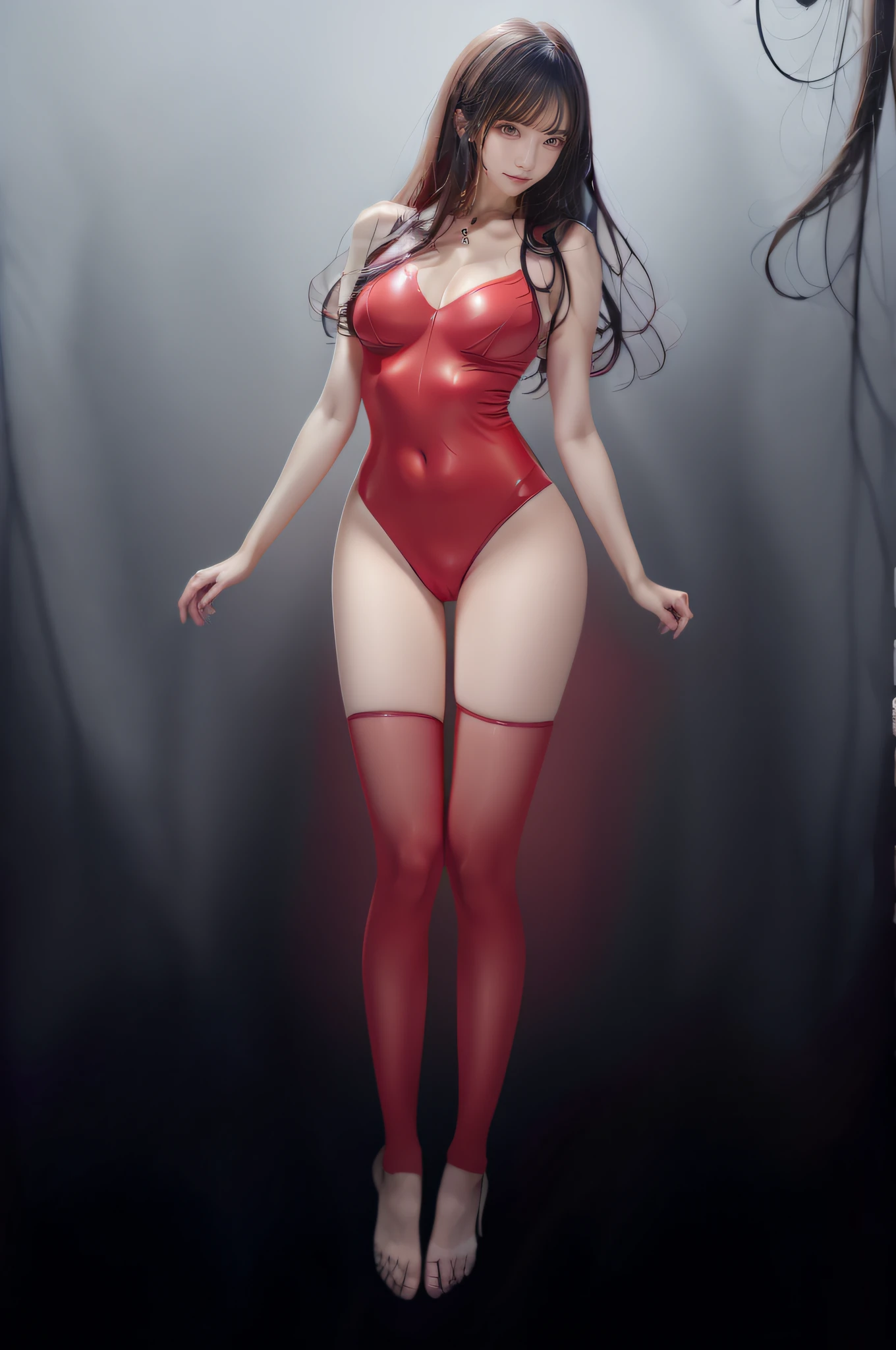 masutepiece, Best Quality, Ultra-detailed, Sexy, Ero, Red full-length tights, Red Full Body Focus, Beautiful sky, Pretty women, Solo, Red Latex Bodysuit, Beautiful hair in red, Beautiful black eyes, Beautiful eyes, White-skinned, Red tights, slim, slender,ssmile、Beautiful hair in red、long red hair，Red full-length tights, Red Full Body Focus, Red Latex Bodysuit,