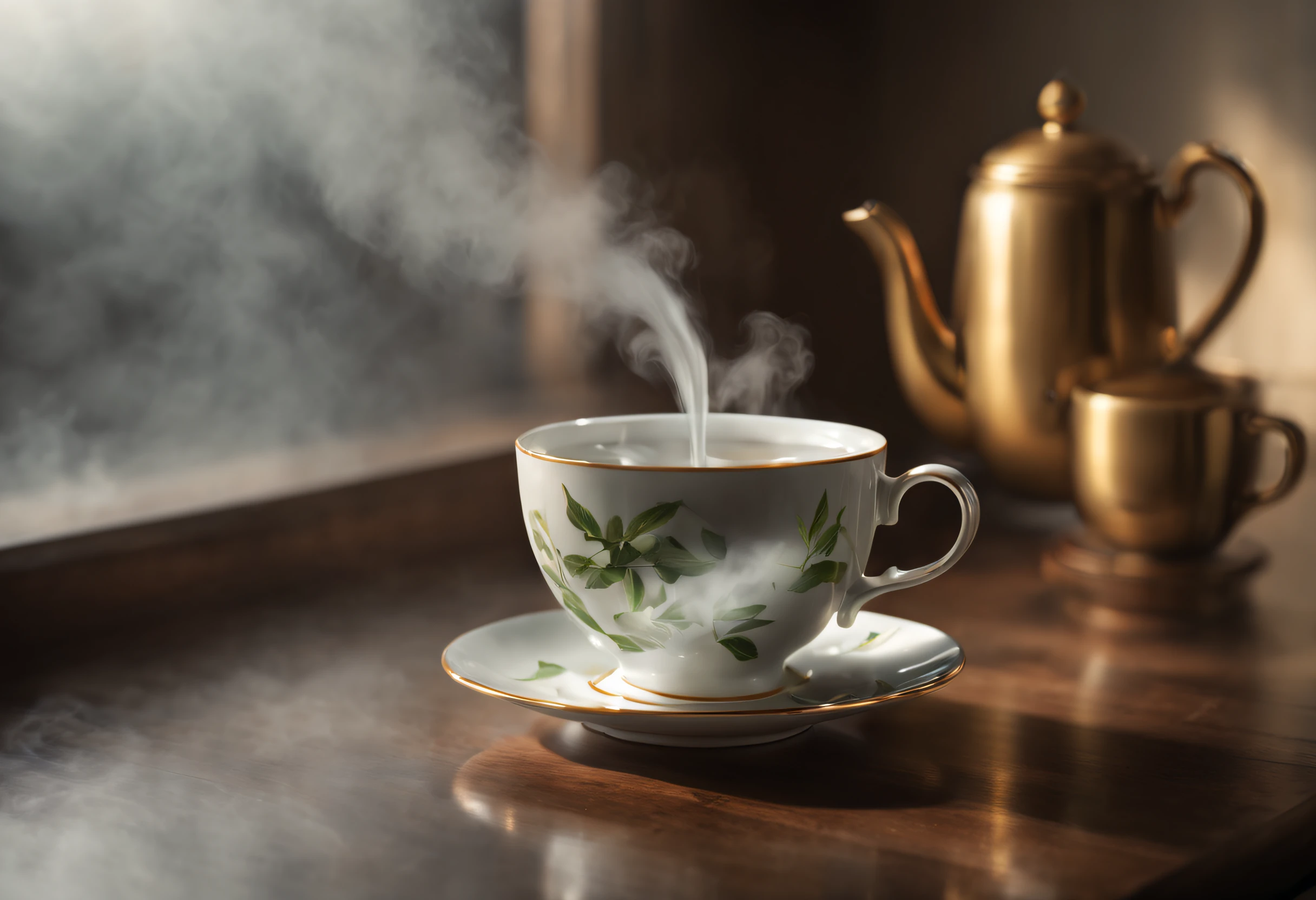 (best quality, 4k, 8k, high resolution, masterpiece: 1.2), ultra detailed, (realistic, photorealistic, photorealistic: 1.37),high-quality photography, (aromatic steam coming out of the tea cup: 1.37), ceramic teapot, porcelain tea cups, morning sunlight filtering through the window, steaming tea cup,