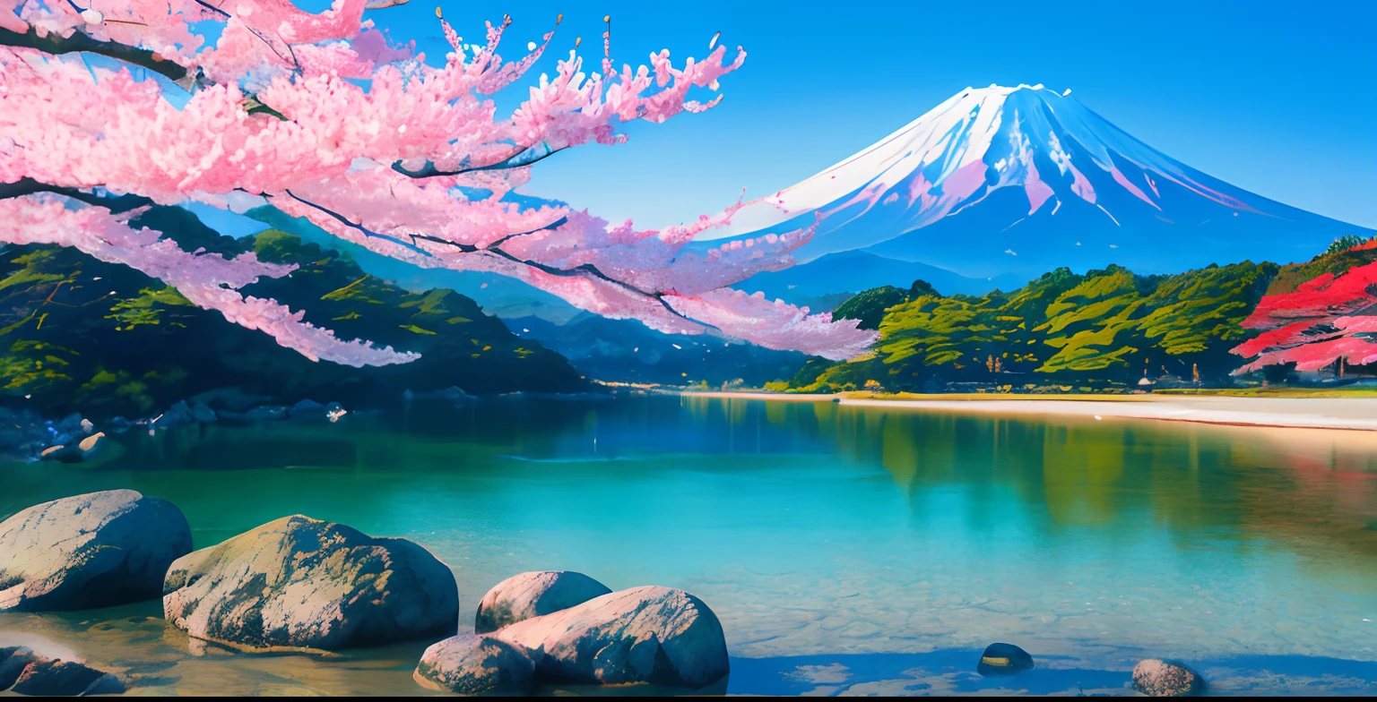 The picturesque Mount Fuji, dotted with exquisite and lush cherry blossoms, stands proudly and no one cares about it. (summer, peaceful atmosphere, picturesque scenery), quiet beach, (desolate and peaceful environment), clear blue water, gorgeous coast, (idyllic and peaceful scenery), the painting style has a childlike immature feeling