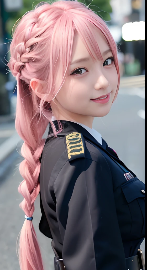 high-level image quality、Anime girl with long hair and police uniform posing for photo、Shibuya、up close shot、(A smile:1.5)、sayori, Anime visuals of cute girls, anime moe art style, loli in dress, Anime girl in police uniform, pretty anime girl, (Anime Girl), Cute anime girl, Cute anime waifu in police uniform, charming anime girls, Have a walkie-talkie、Beautiful anime girl, Rin, Smooth Anime CG Art、(Pink hair), Ear Hair, small tits, Single braid, (Single braid), (Side braid)