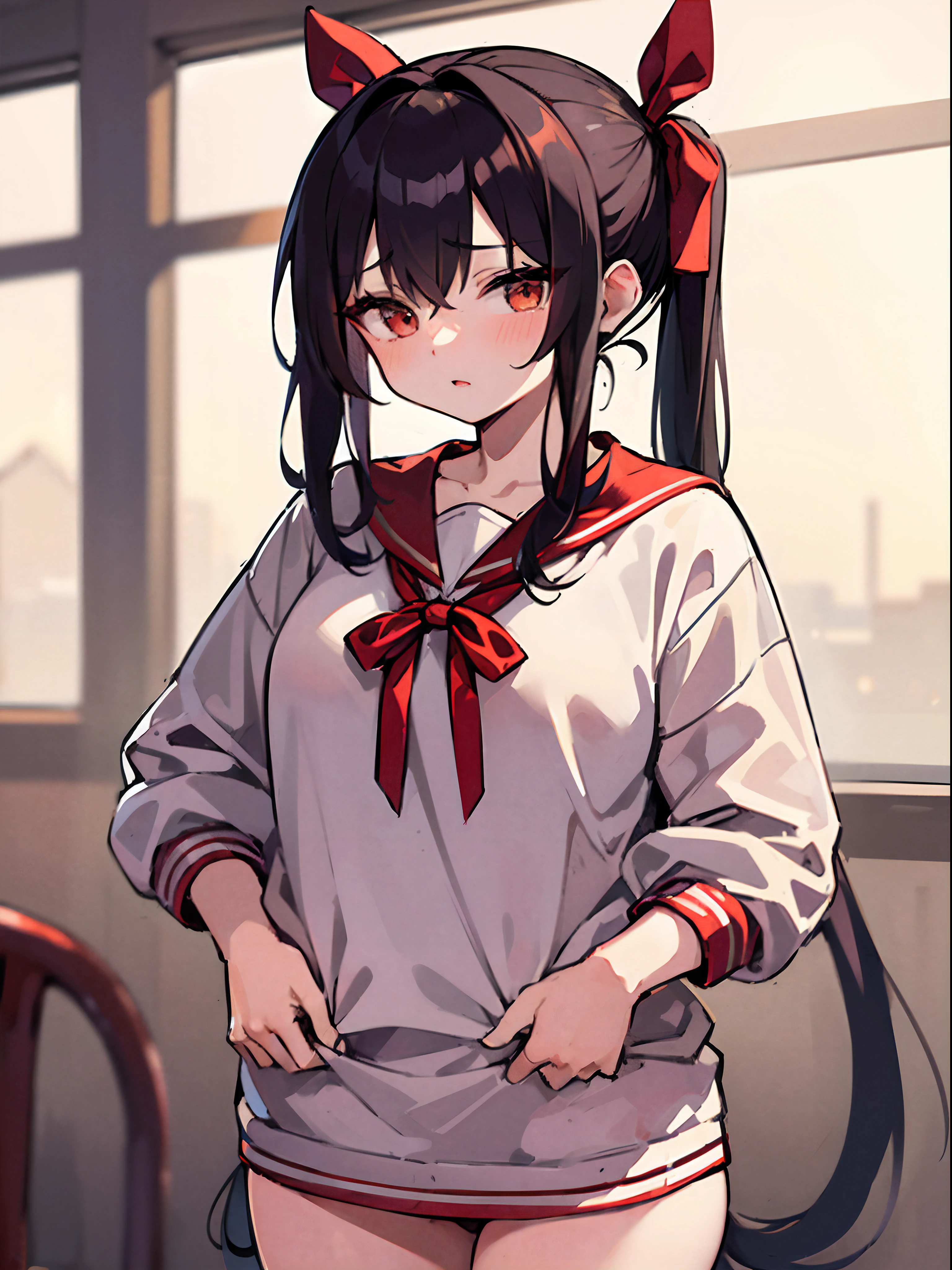 (masterpiece), (best quality), (highly detailed), Nagisa is an 18-year-old high school girl, considered to be beautiful, hip-length black hair, hair tied in a short tail, pulled to the right side, tied by a red ribbon with bangs hanging over her forehead while she has ombre tips and red-brown eyes.