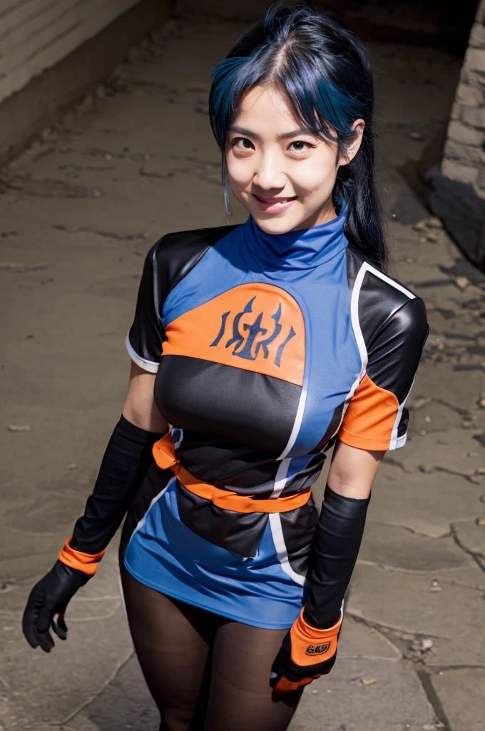 girl,alternate skin color,armor,black pantyhose,blue gloves,blue hair,blue shirt,breasts,dark persona,evil smile,fingerless gloves,floating hair,gloves,greaves,hand on own chest,head tilt,medium breasts,medium hair,open hand,orange eyes,pantyhose,parted bangs,ponytail,possessed,possession,shirt,single greave,skindentation,smile,solo,tied shirt