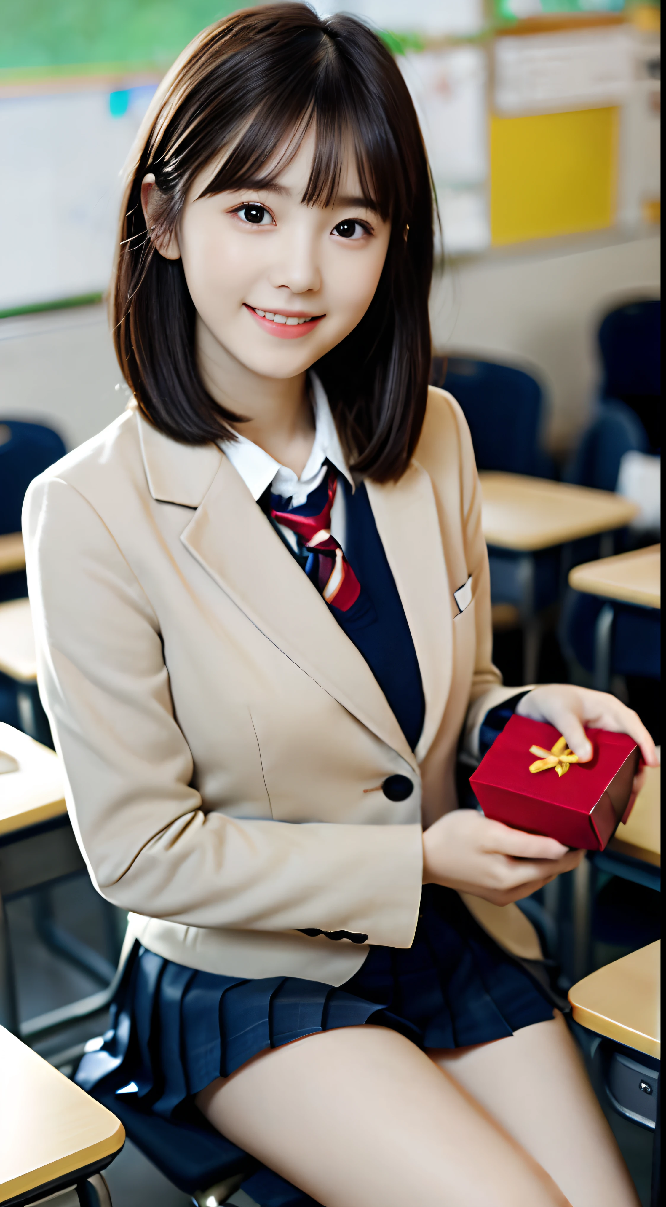(Close up portrait of slender small breasts girl and short hair with dull bangs in winter blazer school uniform :1.5)、(Girl hold a gift on her hands with shy smile in the class room:1.5)、(Blurry background,:1.5)、(Perfect Anatomy:1.3)、(complete hands:1.3)、(complete fingers:1.3)、Photorealsitic、Raw photography、masutepiece、top-quality、hight resolution、delicate and pretty、face perfect、Beautiful detailed eyes、Fair skin、Real Human Skin、((thin legs))、(Dark hair)