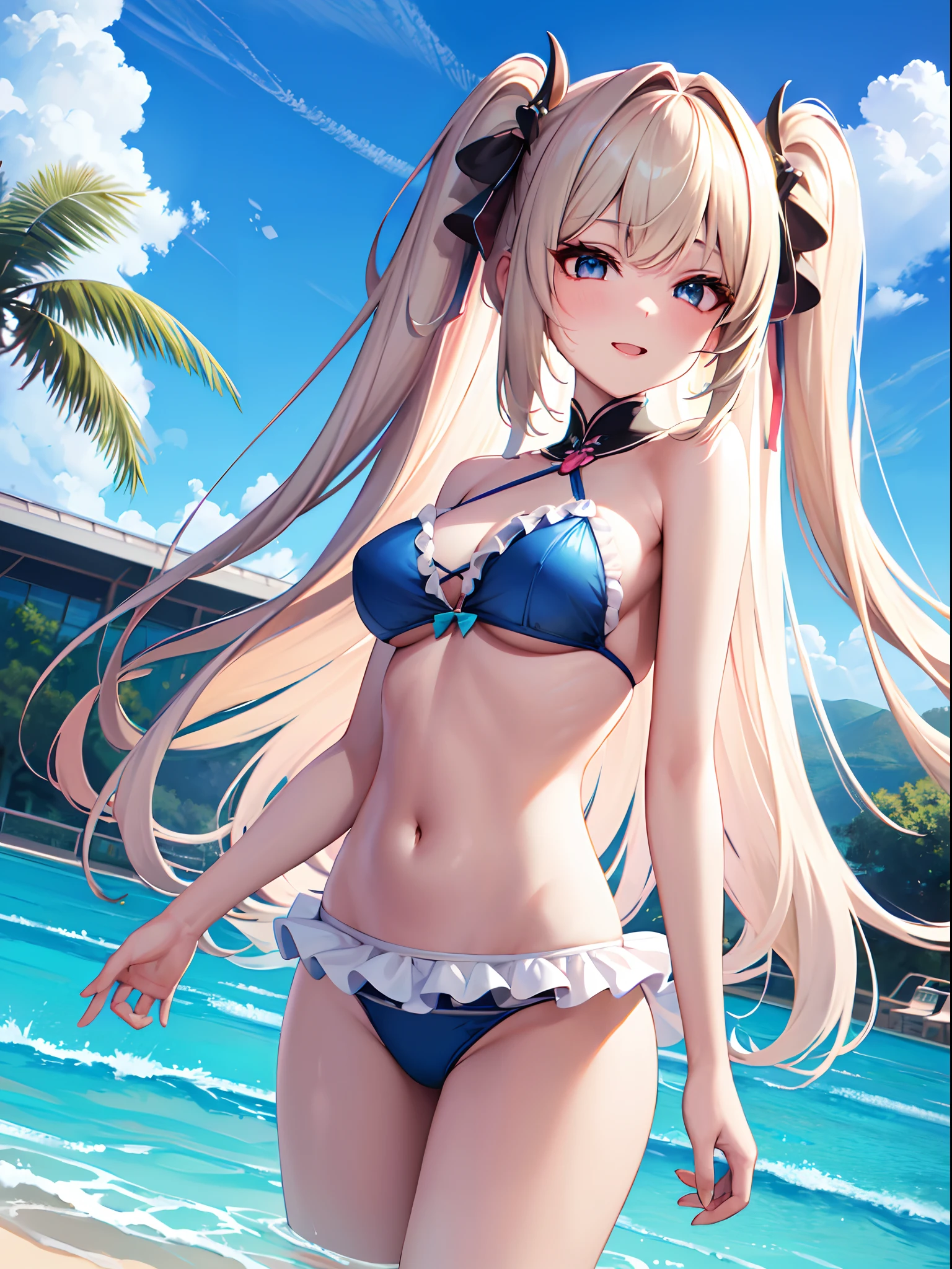 ((Best Quality)), (ultra-detailliert), ((Extremely detailed)), (Beautiful), ((Kawaii Girl)), ((UHD)), (masterpiece), (high quality), (best quality), (4K), (high quality), 1, solo girl, 1girl, (platinum blond hair), parted bangs, ((hair intakes)), long hair, (hair two side up long), ((jade colored eyes)), slanted eyes, large breasts, slender body, lite blue frilled bikni, ((strings) bikini), Pool Background, (blue sky:1.3), solar, sunlight, anime, ;D