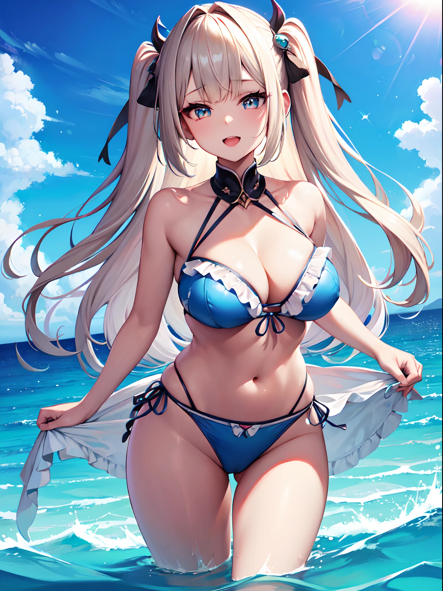 ((Best Quality)), (ultra-detailliert), ((Extremely detailed)), (Beautiful), ((Kawaii Girl)), ((UHD)), (masterpiece), (high quality), (best quality), (4K), (high quality), 1, solo girl, 1girl, (platinum blond hair), parted bangs, ((hair intakes)), long hair, (hair two side up long), ((jade colored eyes)), slanted eyes, large breasts, slender body, lite blue frilled bikni, ((strings) bikini), Pool Background, (blue sky:1.3), solar, sunlight, anime, ;D