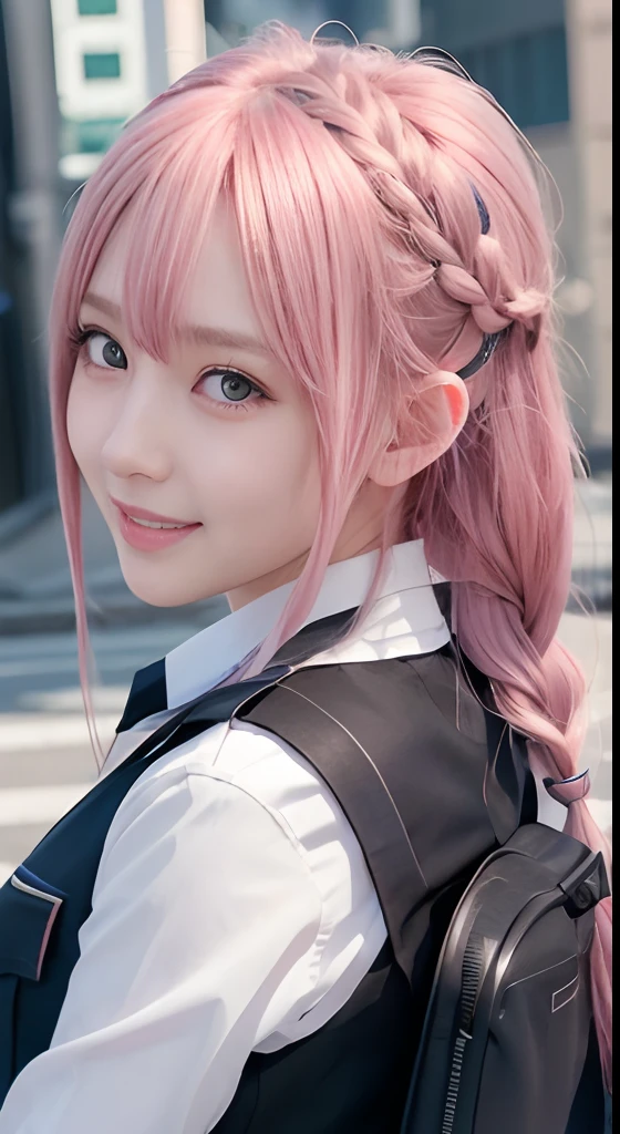 high-level image quality、Anime girl with long hair and police uniform posing for photo、Shibuya、up close shot、(A smile:1.5)、sayori, Anime visuals of cute girls, anime moe art style, loli in dress, Anime girl in police uniform, pretty anime girl, (Anime Girl), Cute anime girl, Cute anime waifu in police uniform, charming anime girls, Have a walkie-talkie、Beautiful anime girl, Rin, Smooth Anime CG Art、(Pink hair), Ear Hair, small tits, Single braid, (Single braid), (Side braid)