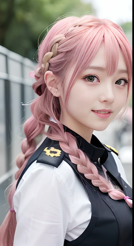 high-level image quality、Anime girl with long hair and police uniform posing for photo、Shibuya、up close shot、(A smile:1.5)、sayori, Anime visuals of cute girls, anime moe art style, in dress, Anime girl in police uniform, pretty anime girl, (Anime Girl), Cute anime girl, Cute anime waifu in police uniform, charming anime girls, Have a walkie-talkie、Beautiful anime girl, Rin, Smooth Anime CG Art、(Pink hair), Ear Hair, small tits, Single braid, (Single braid), (Side braid)