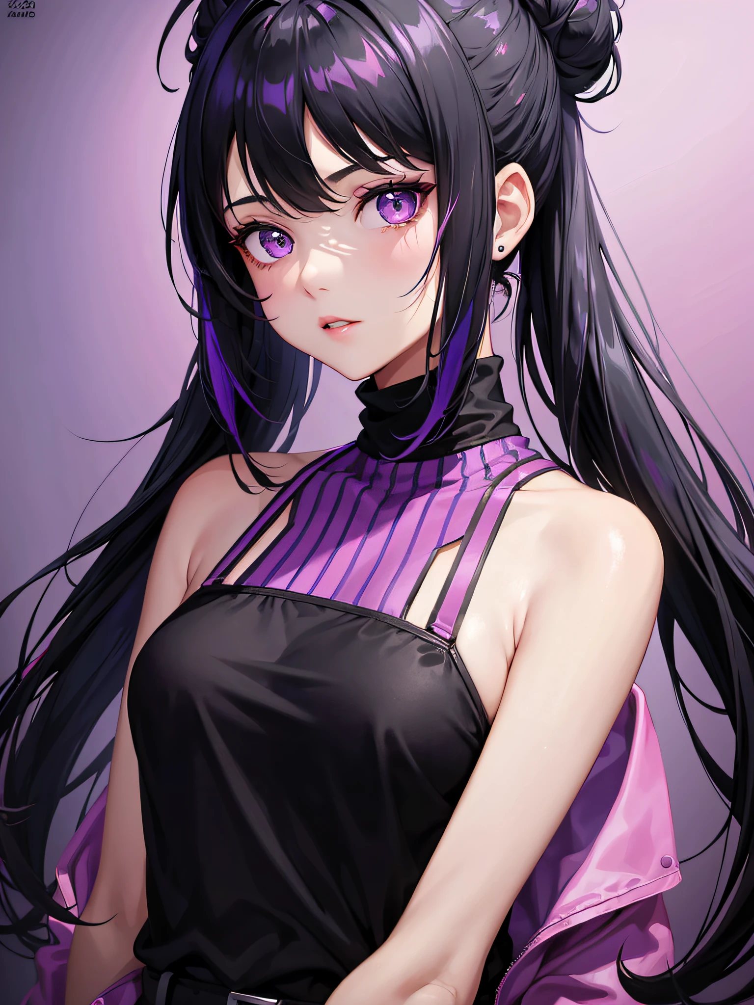 1girl, black hair, cool, purple eyes, cool outfit, cool hairstyle, hair up, portrait, colorful background, 2 colors background, absurdres, high res, ultrasharp, 8k, masterpiece, looking at viewer