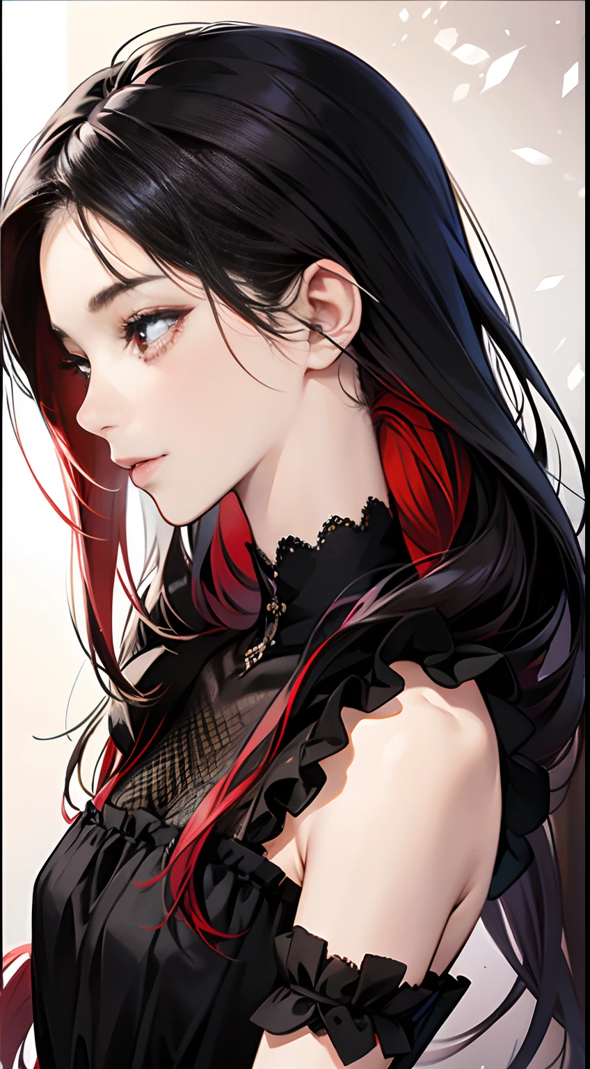 (Best Quality,4K,High resolution), 18yo woman, Red mesh hair on black hair, Shiny long straight hair, Innocence，sharp eye、red eyes、small nose、eye liner、 Luxury Black Silk Babydoll、Lonely face、Shoku、profile、slenderbody、Comical appearance，comic strip，animesque，Deformed cute illustration、Delicately expresses realistic skin texture、Muscle texture reproduction、Knife Art