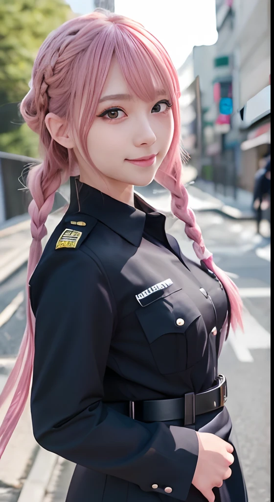 (ultra-detailliert), police uniform with、Blue eyes,Full body,faces、(A smile:1.5),(facing front:1.2), 20yr old, teens girl,no tail,(no tail),2D, ​masterpiece, top-quality, animesque, A detailed eye, A detailed face, girl with, Only 1 person,Medium hair with pink hair, (Pink hair),  Ear Hair, small ????, Single braid, (Single braid), (Side braid), Background bokeh