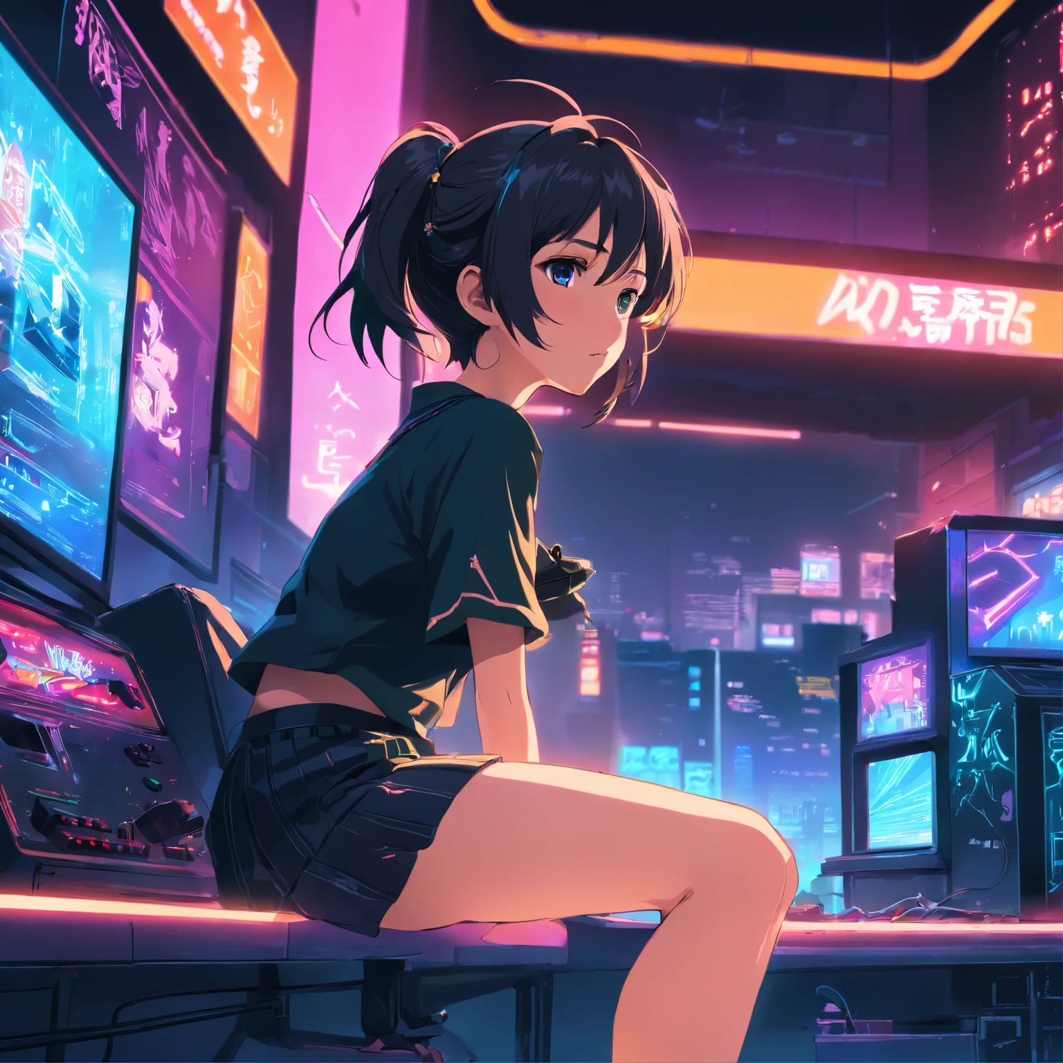 Anime, wall-paper, Gamer Woman, Sitting on your lap, black top, Neon light, Cyberpunk, Black skirt, Artistically, sox