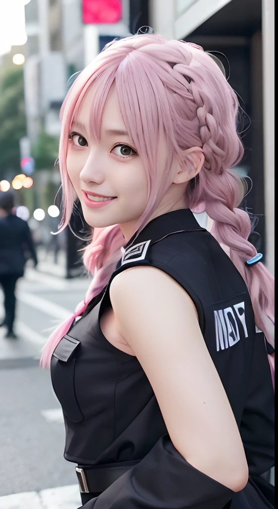 high-level image quality、Anime girl with long hair and police uniform posing for photo、Shibuya、up close shot、(A smile:1.5)、sayori, Anime visuals of cute girls, anime moe art style,  in dress, Anime girl in police uniform, pretty anime girl, (Anime Girl), Cute anime girl, Cute anime waifu in police uniform, charming anime girls, Have a walkie-talkie、Beautiful anime girl, Rin, Smooth Anime CG Art、(Pink hair), Ear Hair, small tits, Single braid, (Single braid), (Side braid)
