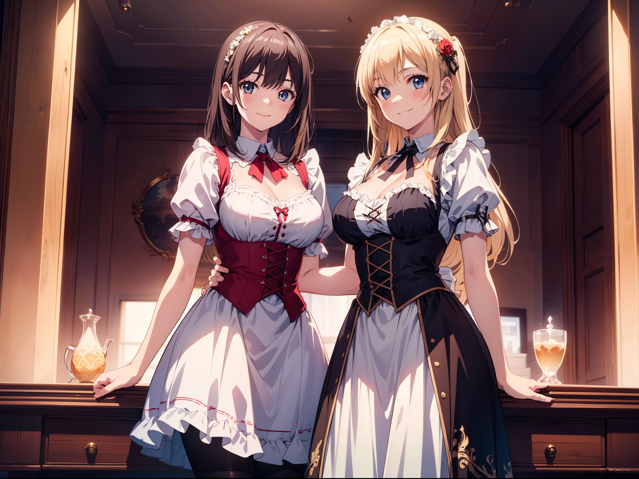 ((highest quality、High resolution))、Blonde、、No panties、I'm inviting you to have sex、((Two cosplay girls show their pussies))、Love juice